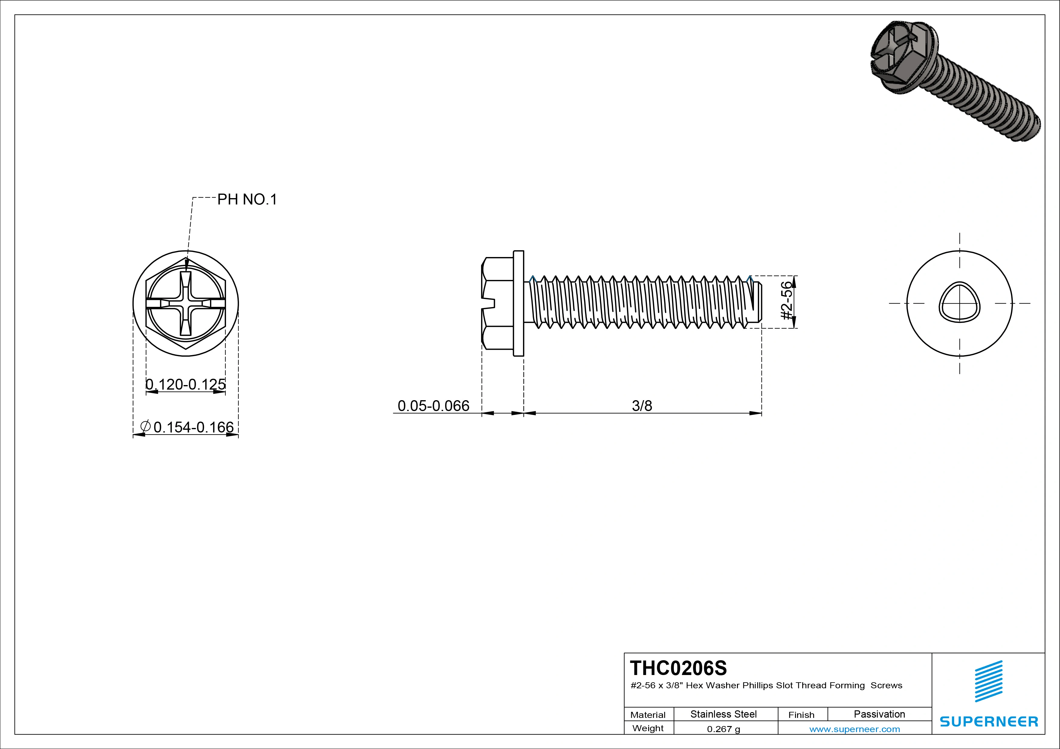 2-56 &times; 3/8 Hex Washer Phillips Slot Thread Forming  Screws for Metal  SUS304 Stainless Steel Inox