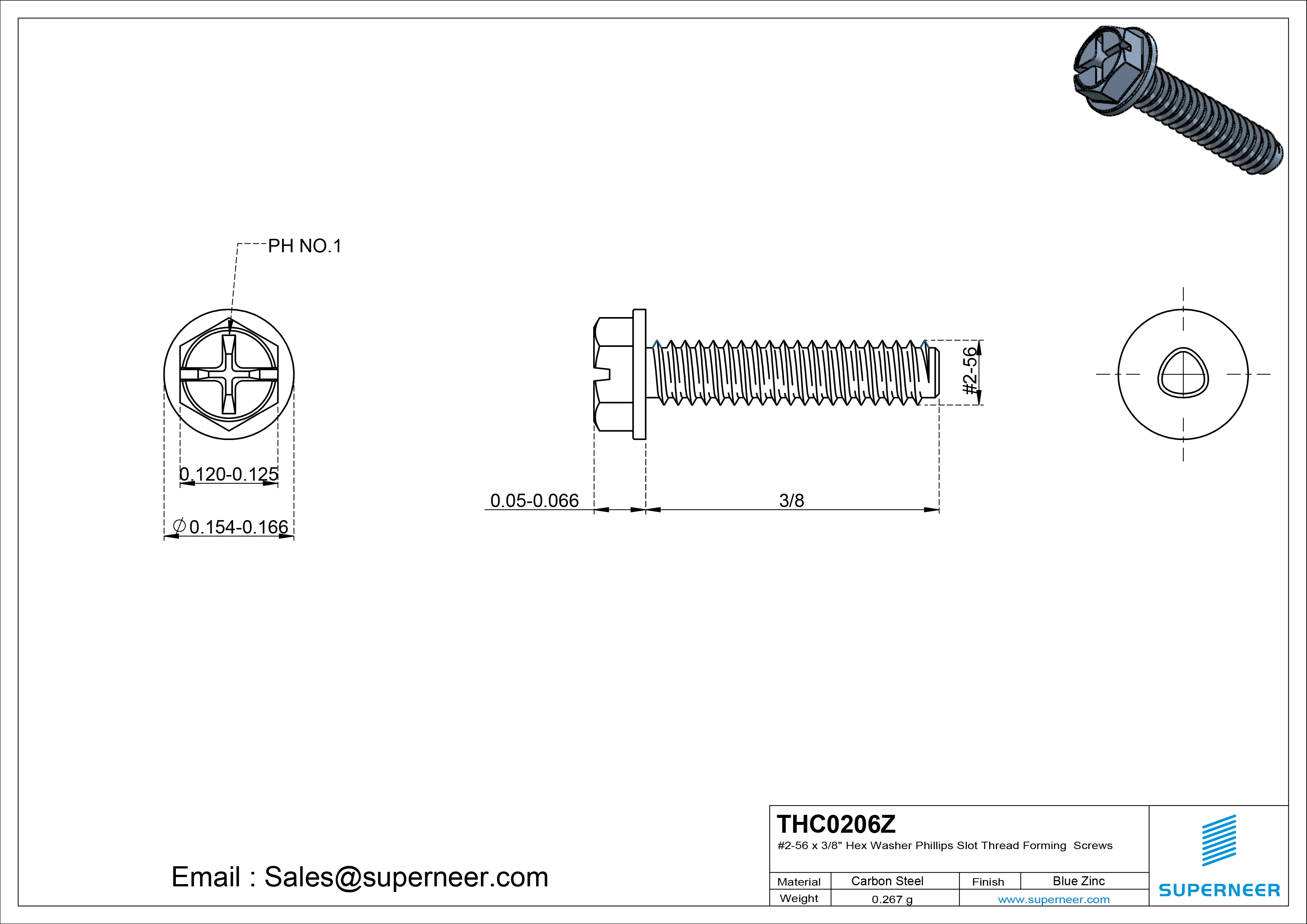 2-56 &times; 3/8 Hex Washer Phillips Slot Thread Forming  Screws for Metal  Steel Blue Zinc Plated