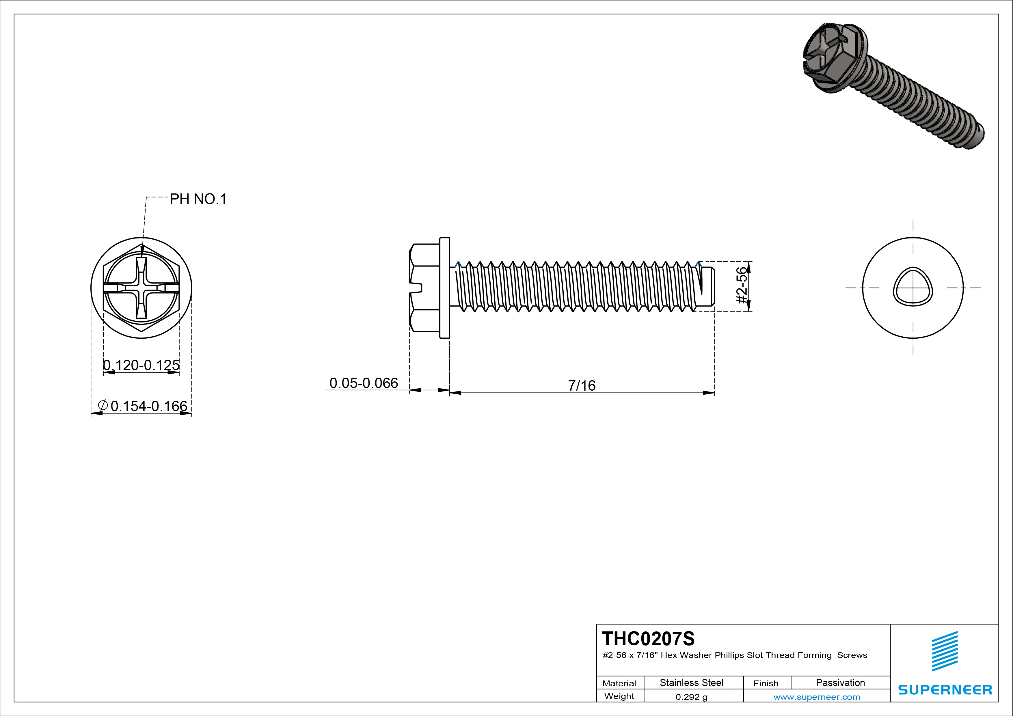 2-56 &times; 7/16 Hex Washer Phillips Slot Thread Forming  Screws for Metal  SUS304 Stainless Steel Inox