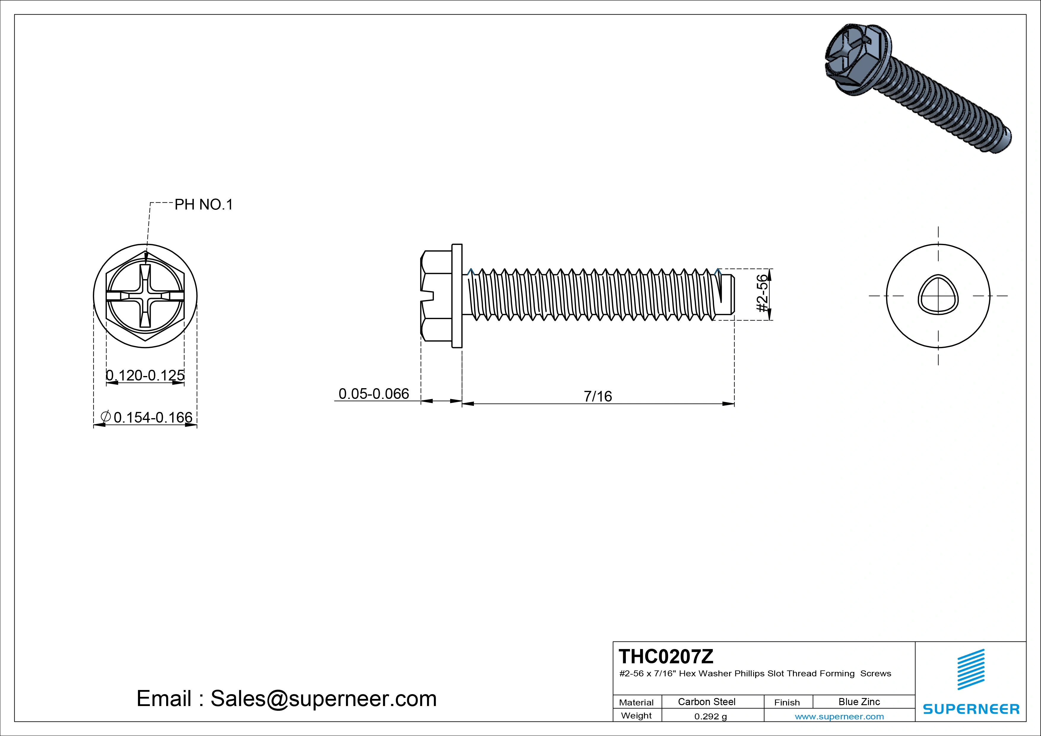2-56 &times; 7/16 Hex Washer Phillips Slot Thread Forming  Screws for Metal  Steel Blue Zinc Plated