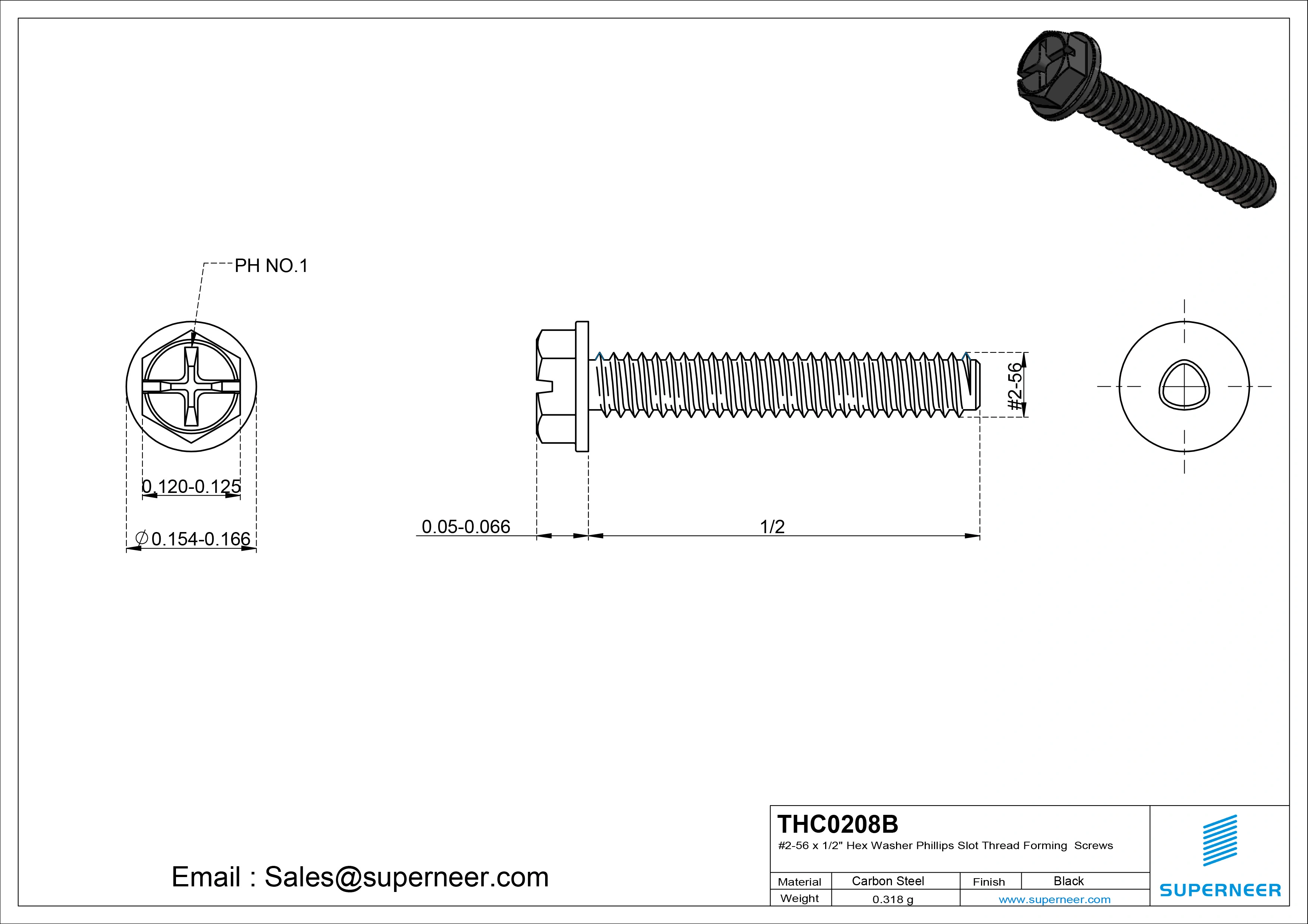 2-56 &times; 1/2 Hex Washer Phillips Slot Thread Forming  Screws for Metal  Steel Black