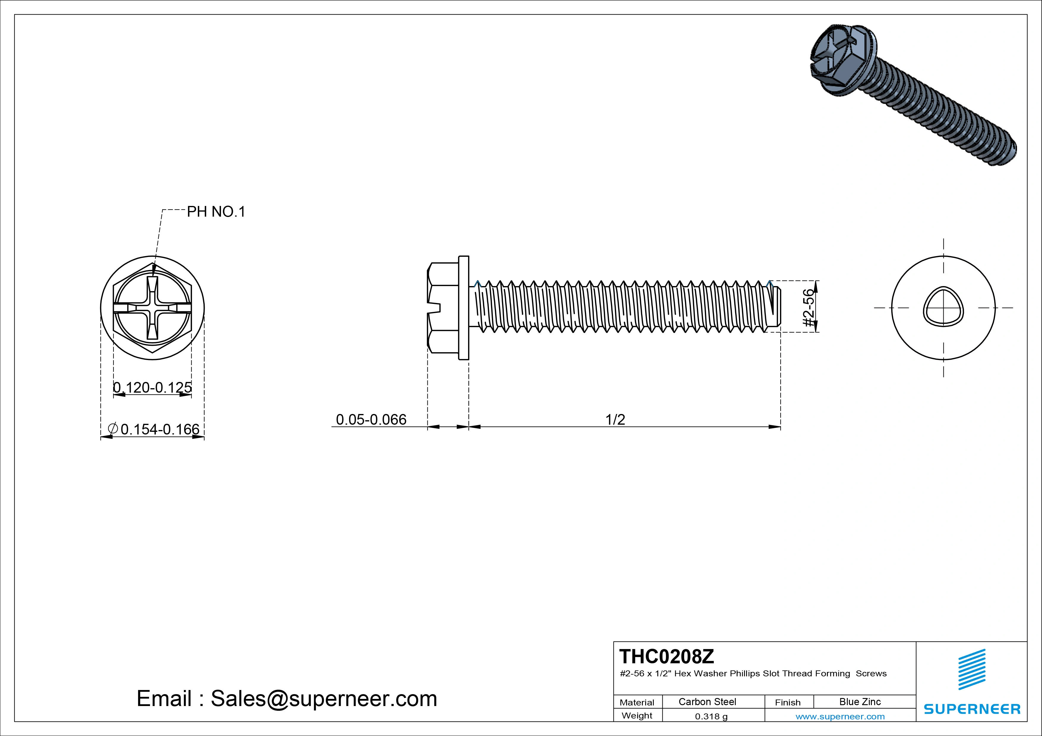 2-56 &times; 1/2 Hex Washer Phillips Slot Thread Forming  Screws for Metal  Steel Blue Zinc Plated