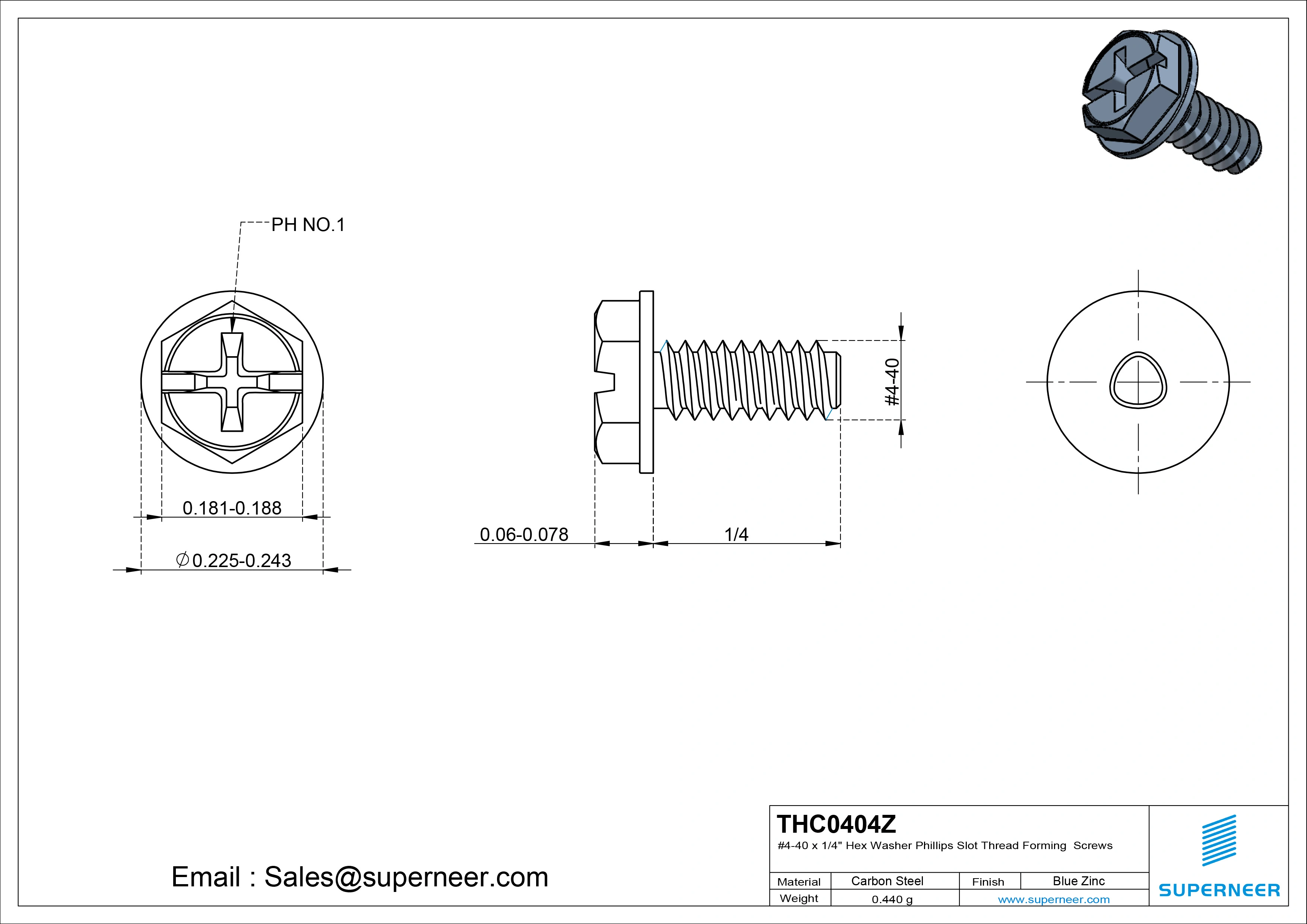 4-40 &times; 1/4 Hex Washer Phillips Slot Thread Forming  Screws for Metal  Steel Blue Zinc Plated