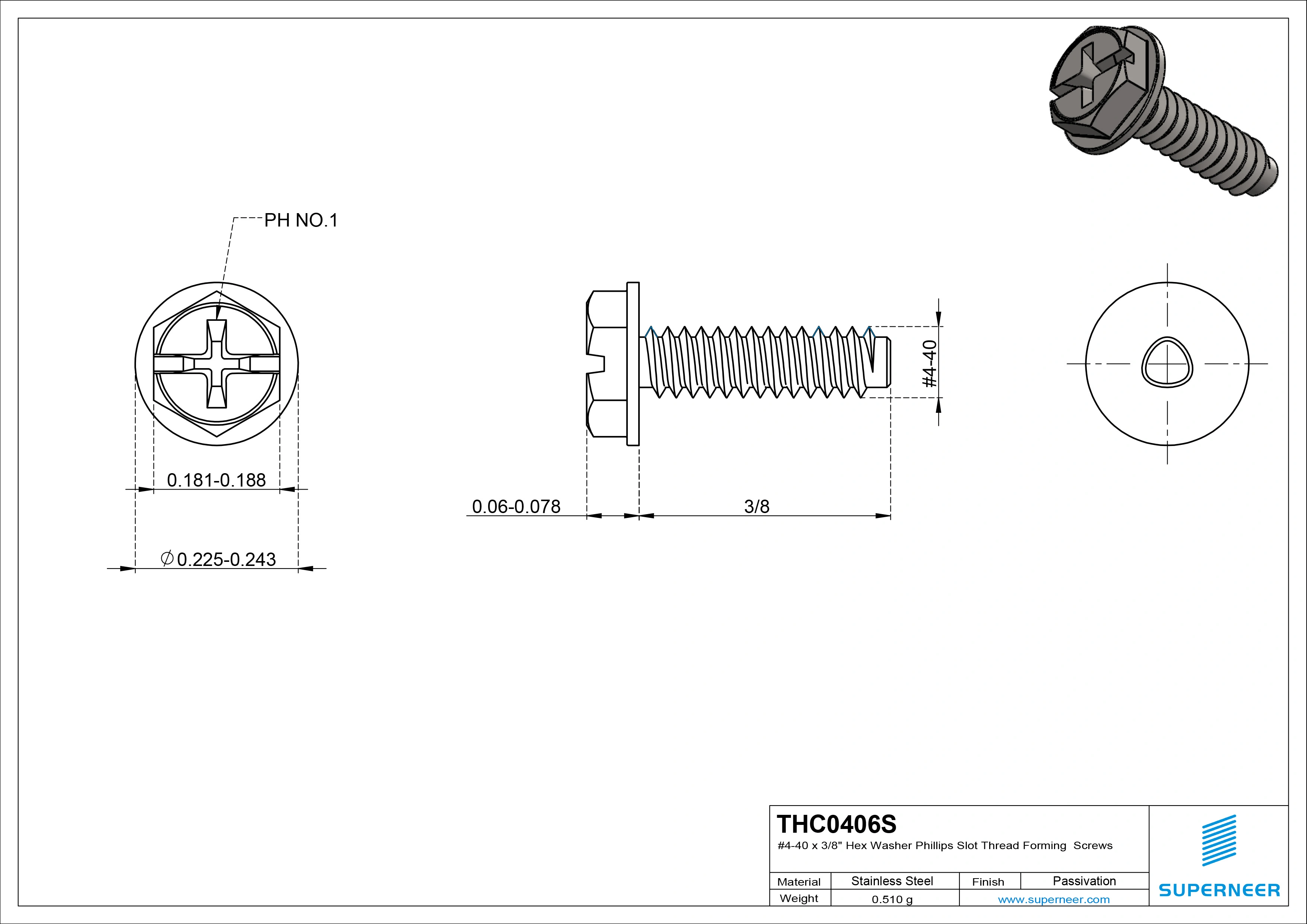 4-40 &times; 3/8 Hex Washer Phillips Slot Thread Forming  Screws for Metal  SUS304 Stainless Steel Inox