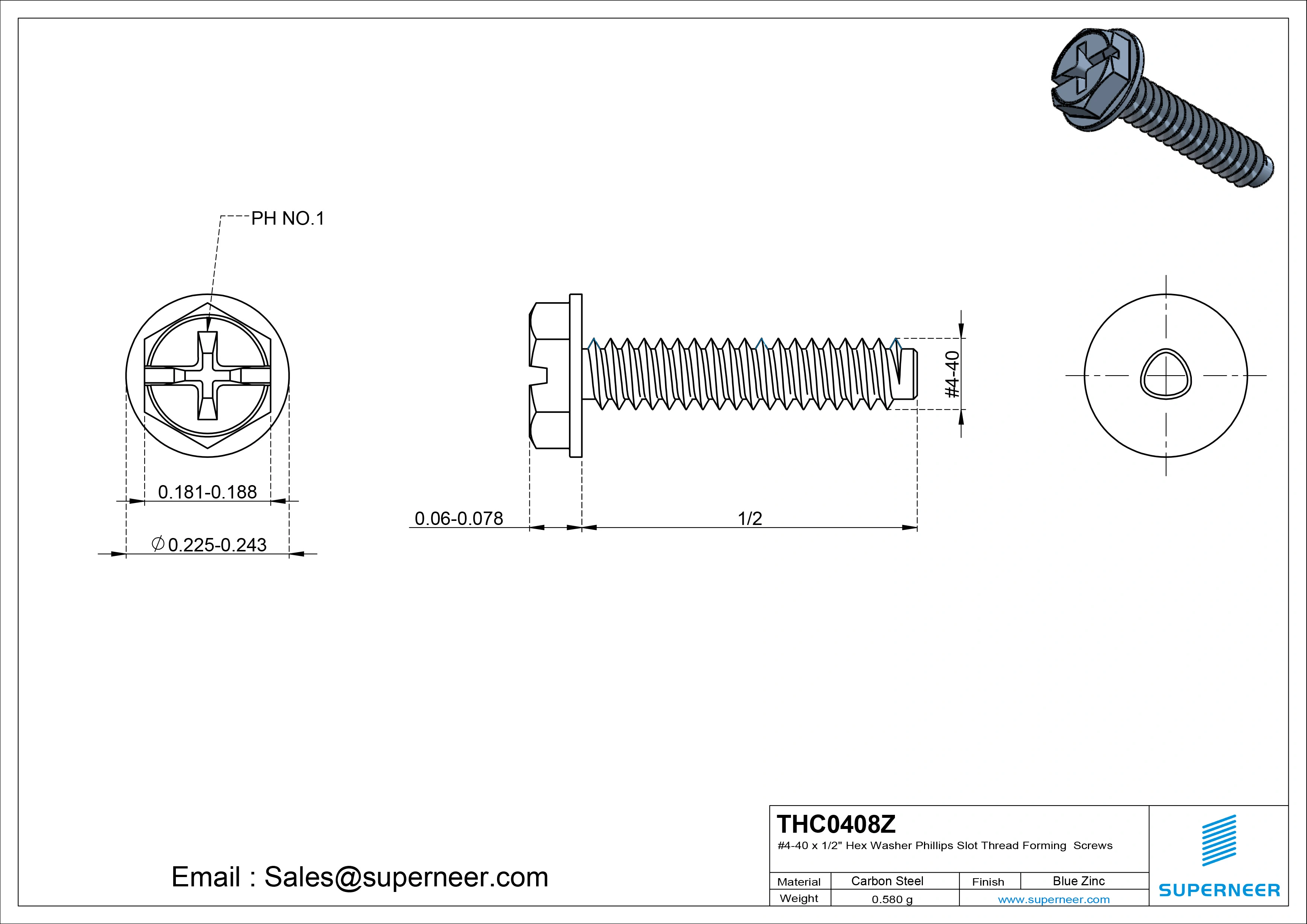 4-40 &times; 1/2 Hex Washer Phillips Slot Thread Forming  Screws for Metal  Steel Blue Zinc Plated