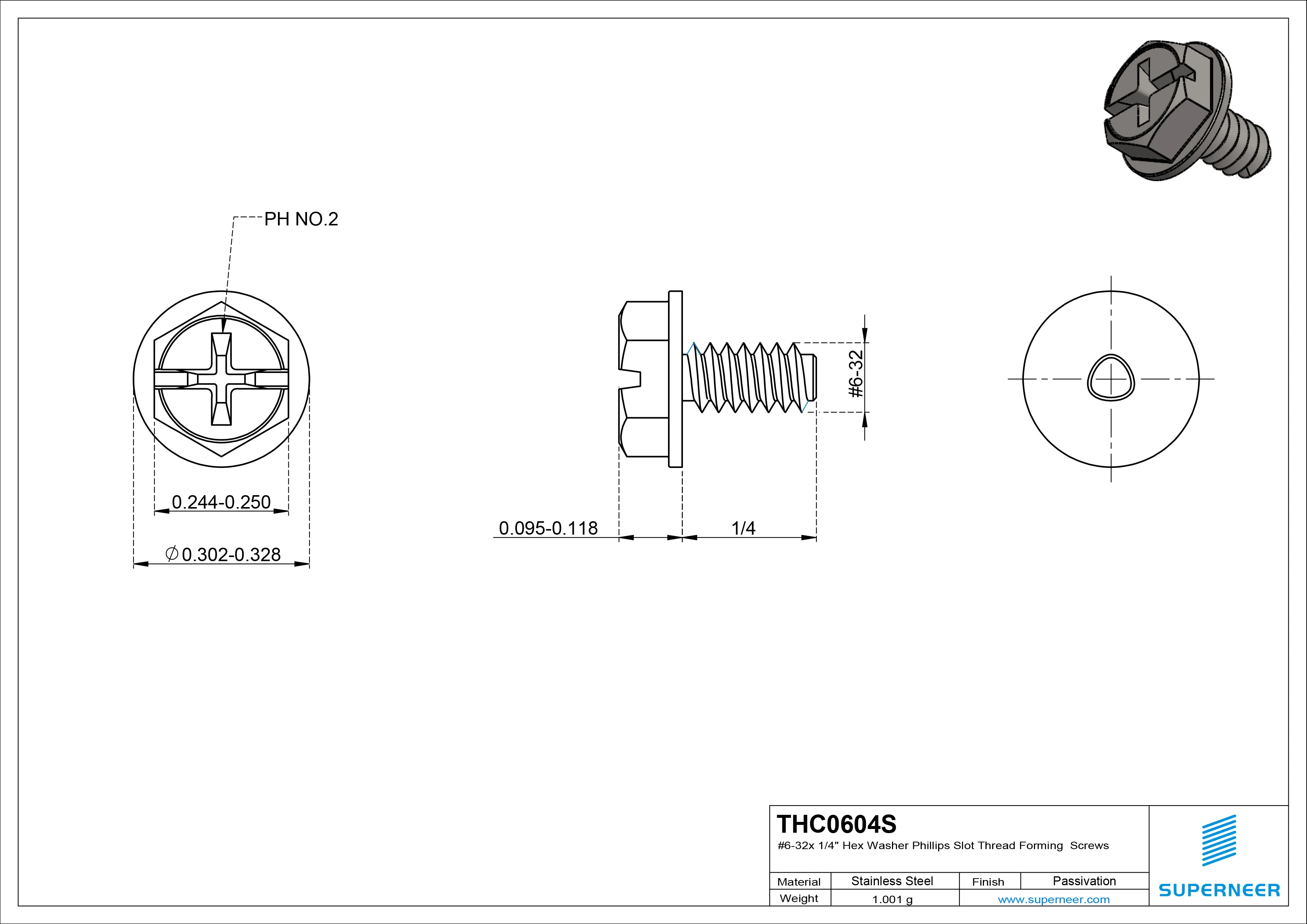 6-32 &times; 1/4 Hex Washer Phillips Slot Thread Forming  Screws for Metal  SUS304 Stainless Steel Inox