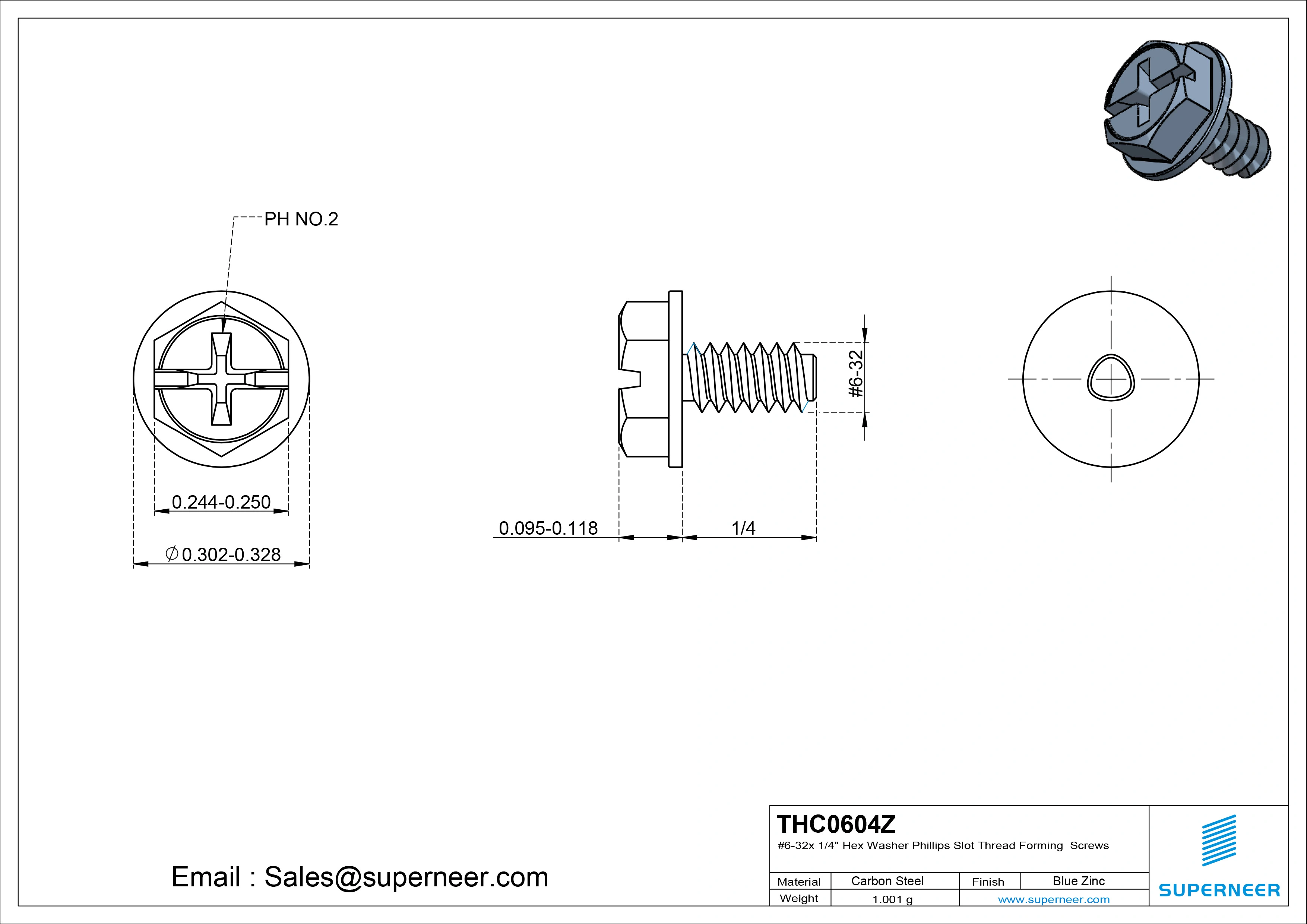 6-32 &times; 1/4 Hex Washer Phillips Slot Thread Forming  Screws for Metal  Steel Blue Zinc Plated