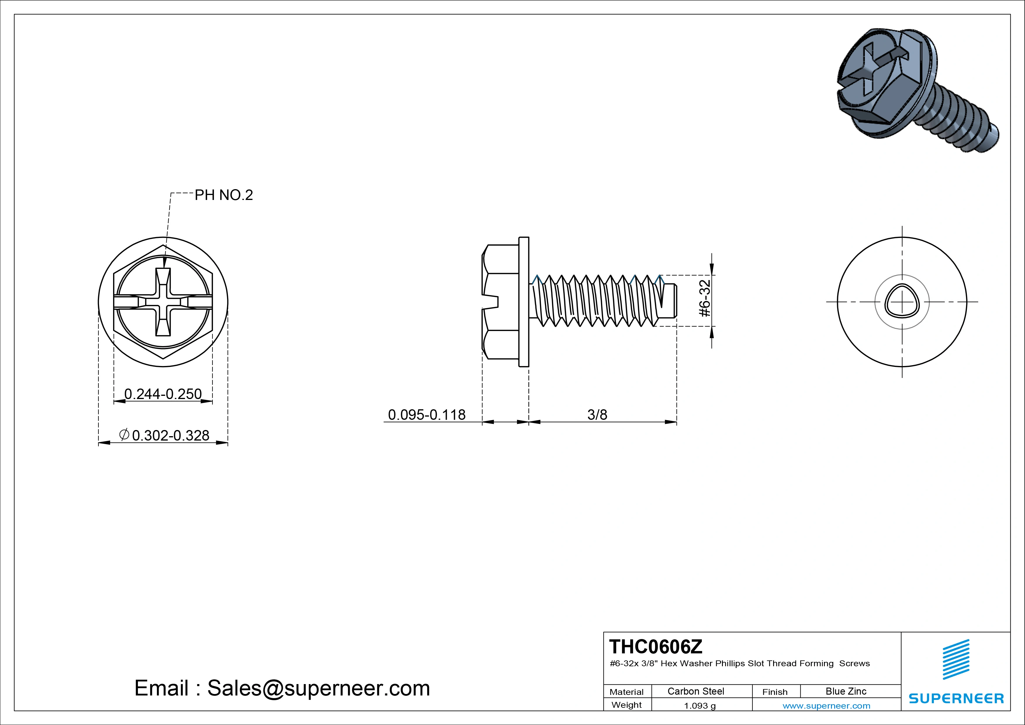 6-32 &times; 3/8 Hex Washer Phillips Slot Thread Forming  Screws for Metal  Steel Blue Zinc Plated