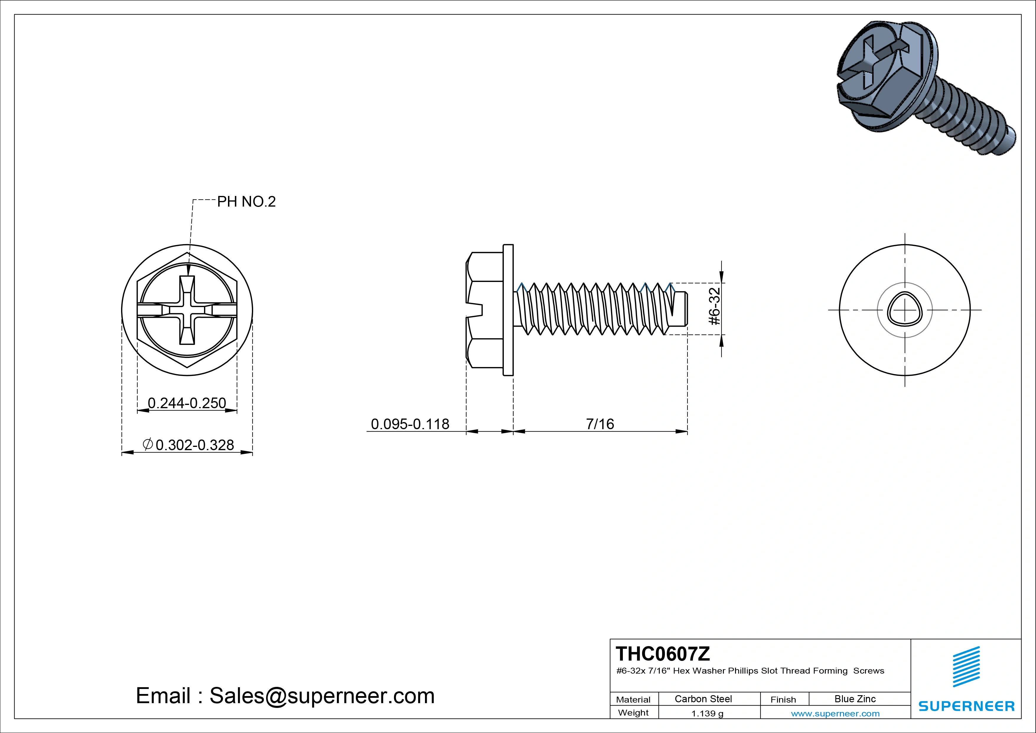 6-32 &times; 7/16 Hex Washer Phillips Slot Thread Forming  Screws for Metal  Steel Blue Zinc Plated