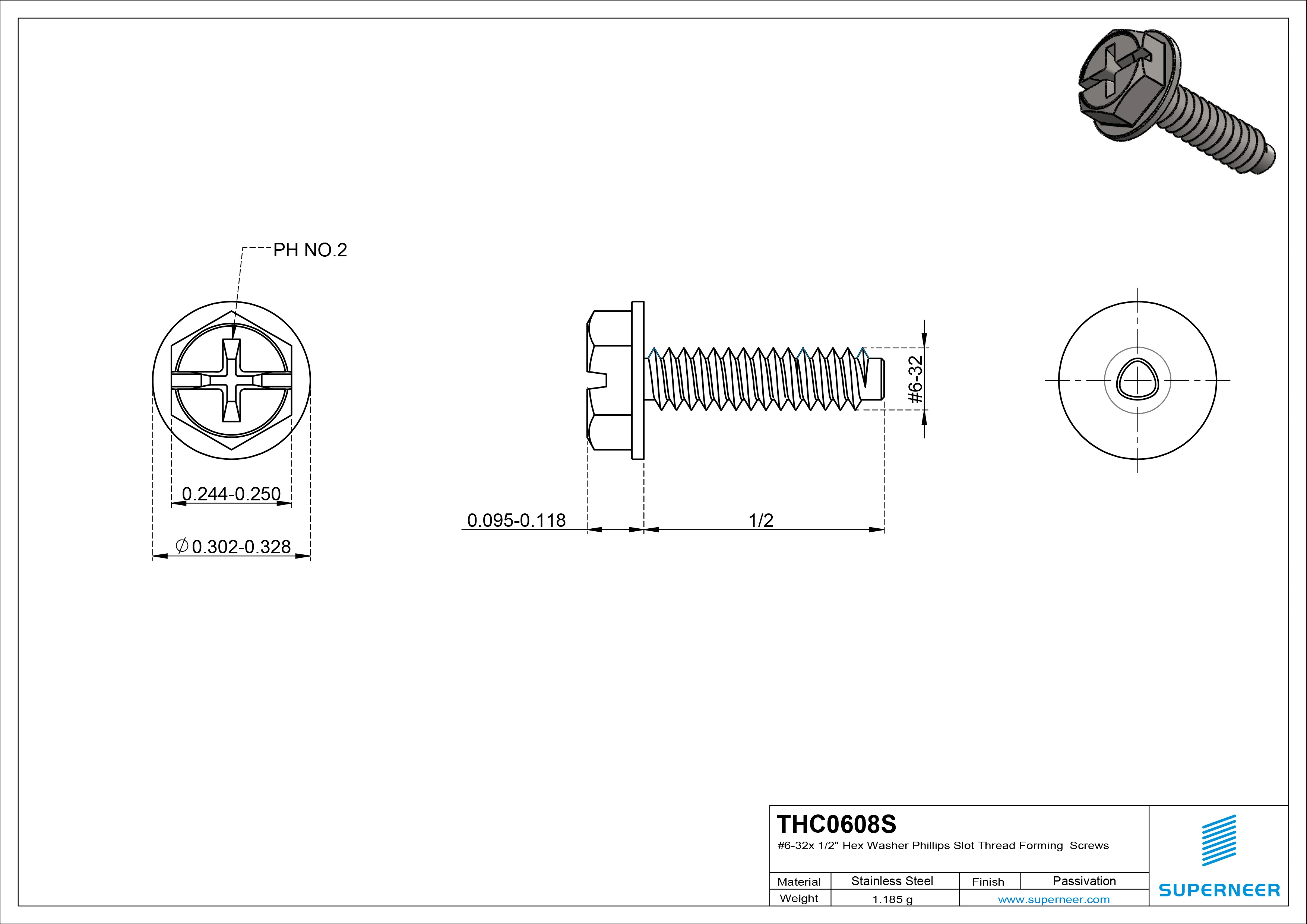 6-32 &times; 1/2 Hex Washer Phillips Slot Thread Forming  Screws for Metal  SUS304 Stainless Steel Inox