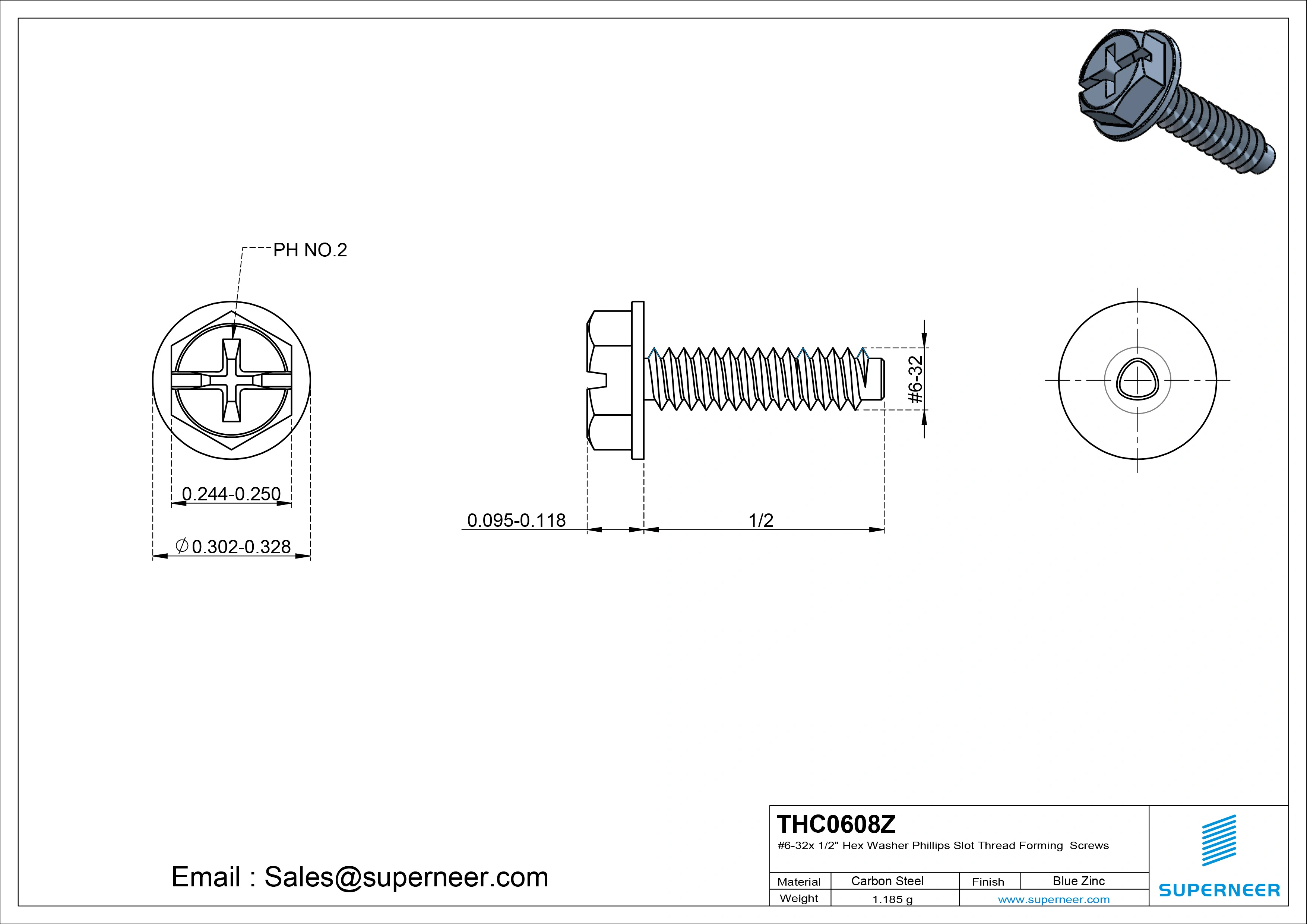 6-32 &times; 1/2 Hex Washer Phillips Slot Thread Forming  Screws for Metal  Steel Blue Zinc Plated