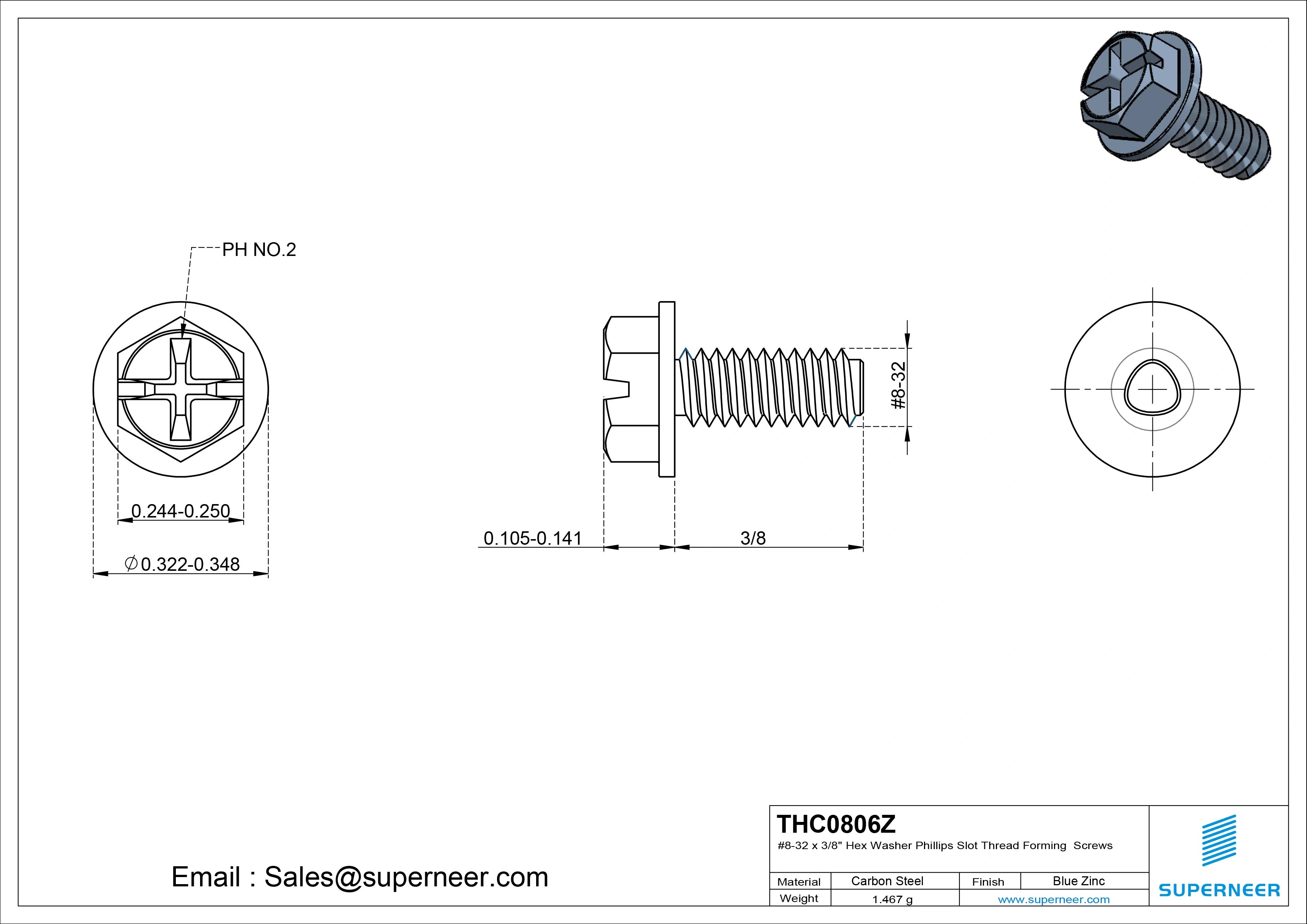8-32 &times; 3/8 Hex Washer Phillips Slot Thread Forming  Screws for Metal  Steel Blue Zinc Plated