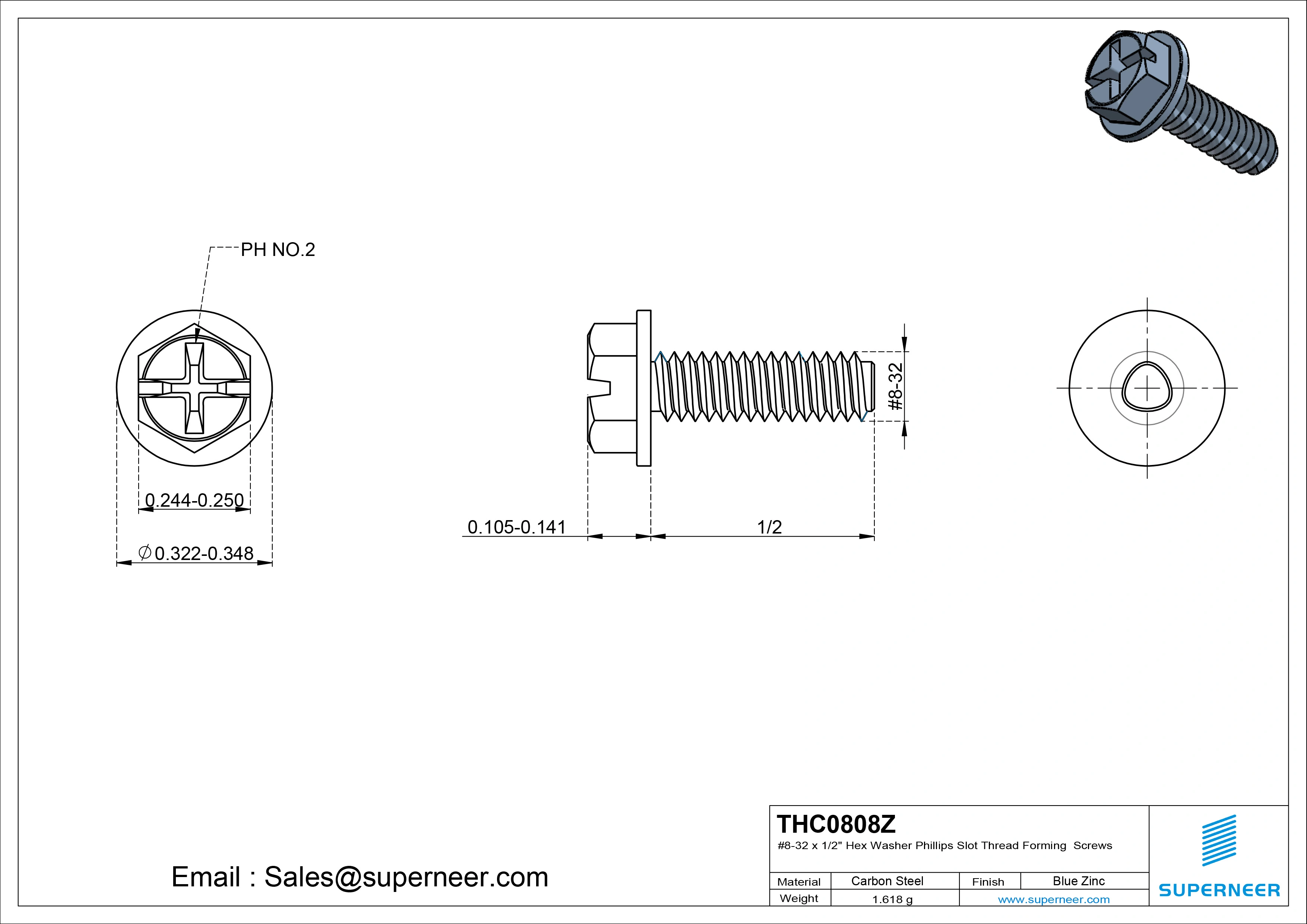 8-32 &times; 1/2 Hex Washer Phillips Slot Thread Forming  Screws for Metal  Steel Blue Zinc Plated