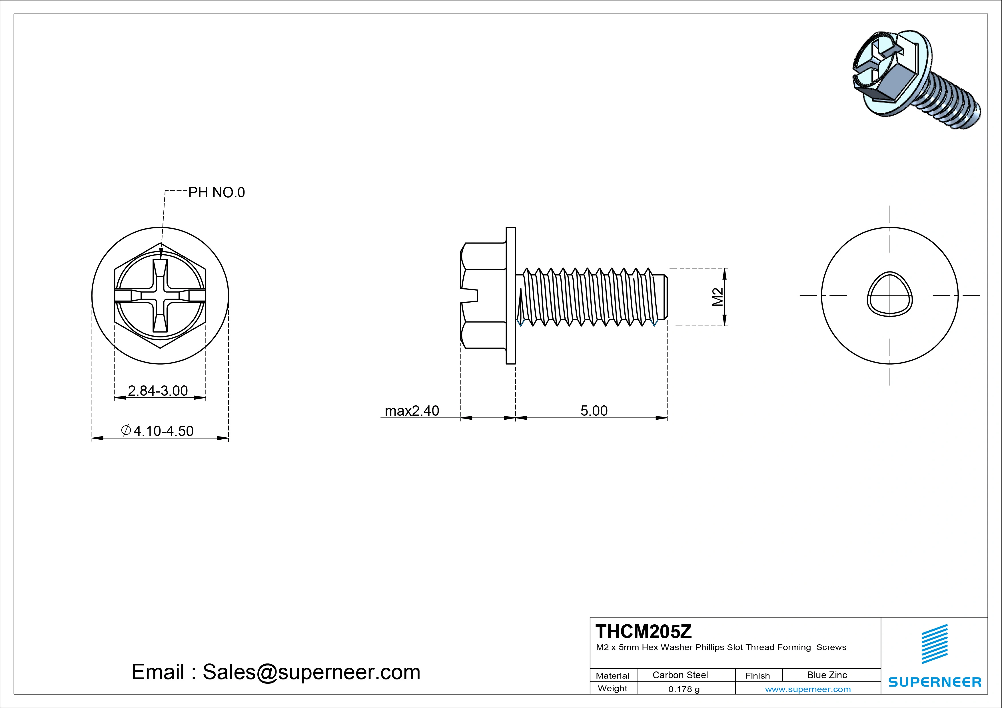 M2 &times; 5mm Indented Hex Washer Phillips Slot Thread Forming Screws for Metal Steel Blue Zinc Plated