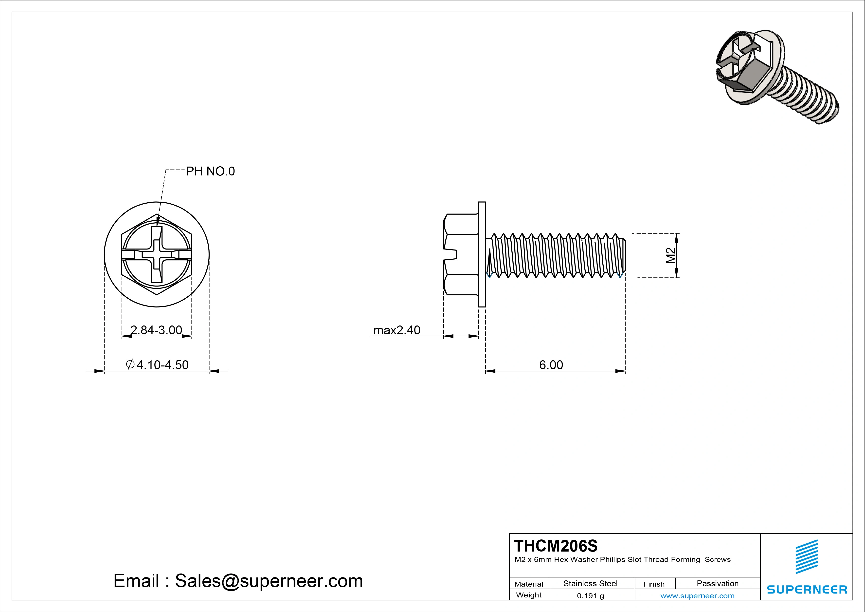 M2 &times; 6mm Indented Hex Washer Phillips Slot Thread Forming Screws for Metal SUS304 Stainless Steel Inox