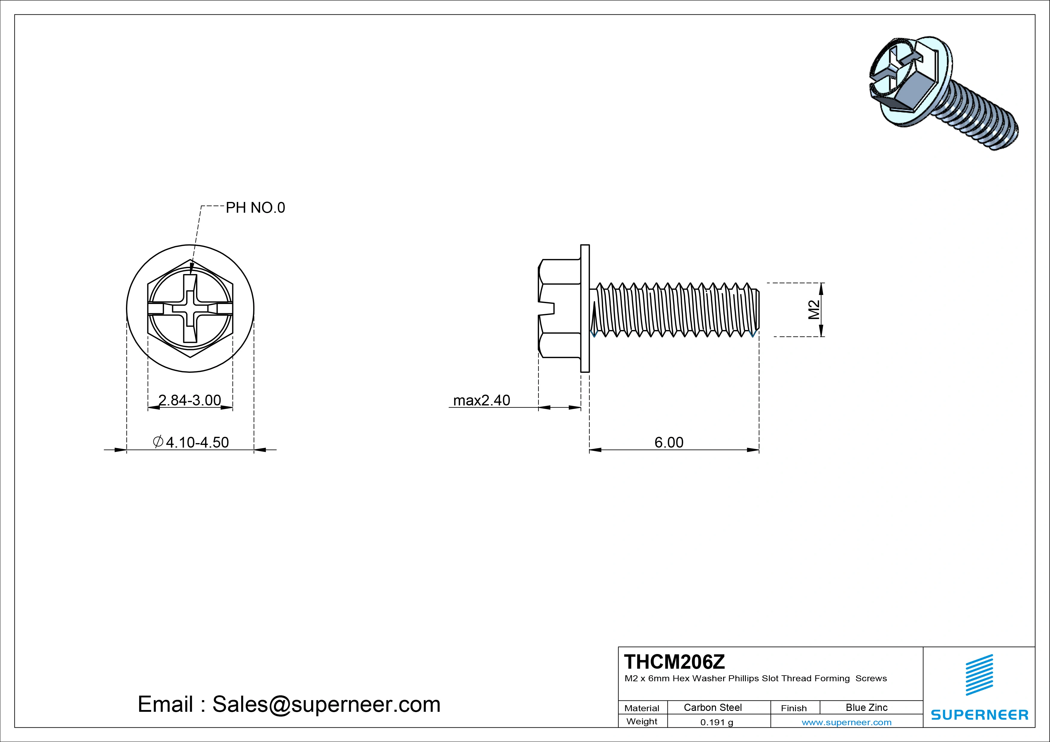 M2 &times; 6mm Indented Hex Washer Phillips Slot Thread Forming Screws for Metal Steel Blue Zinc Plated
