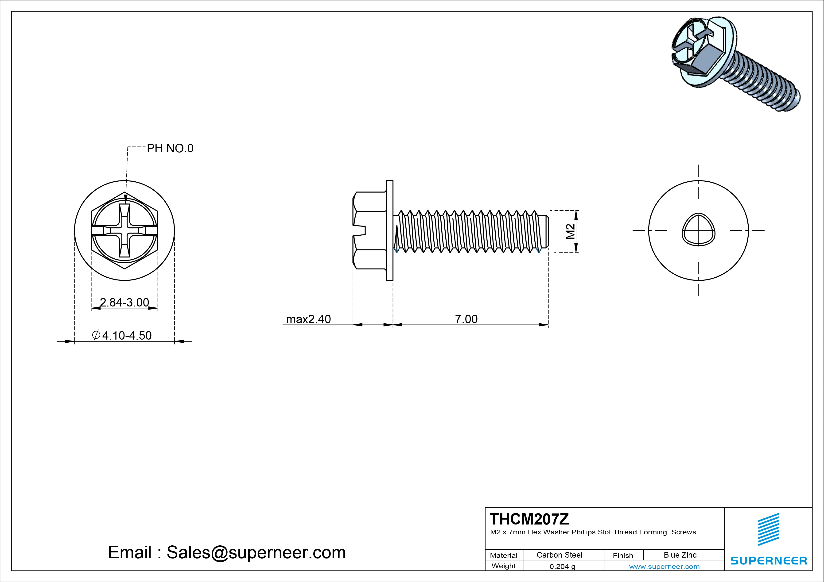 M2 &times; 7mm Indented Hex Washer Phillips Slot Thread Forming Screws for Metal Steel Blue Zinc Plated