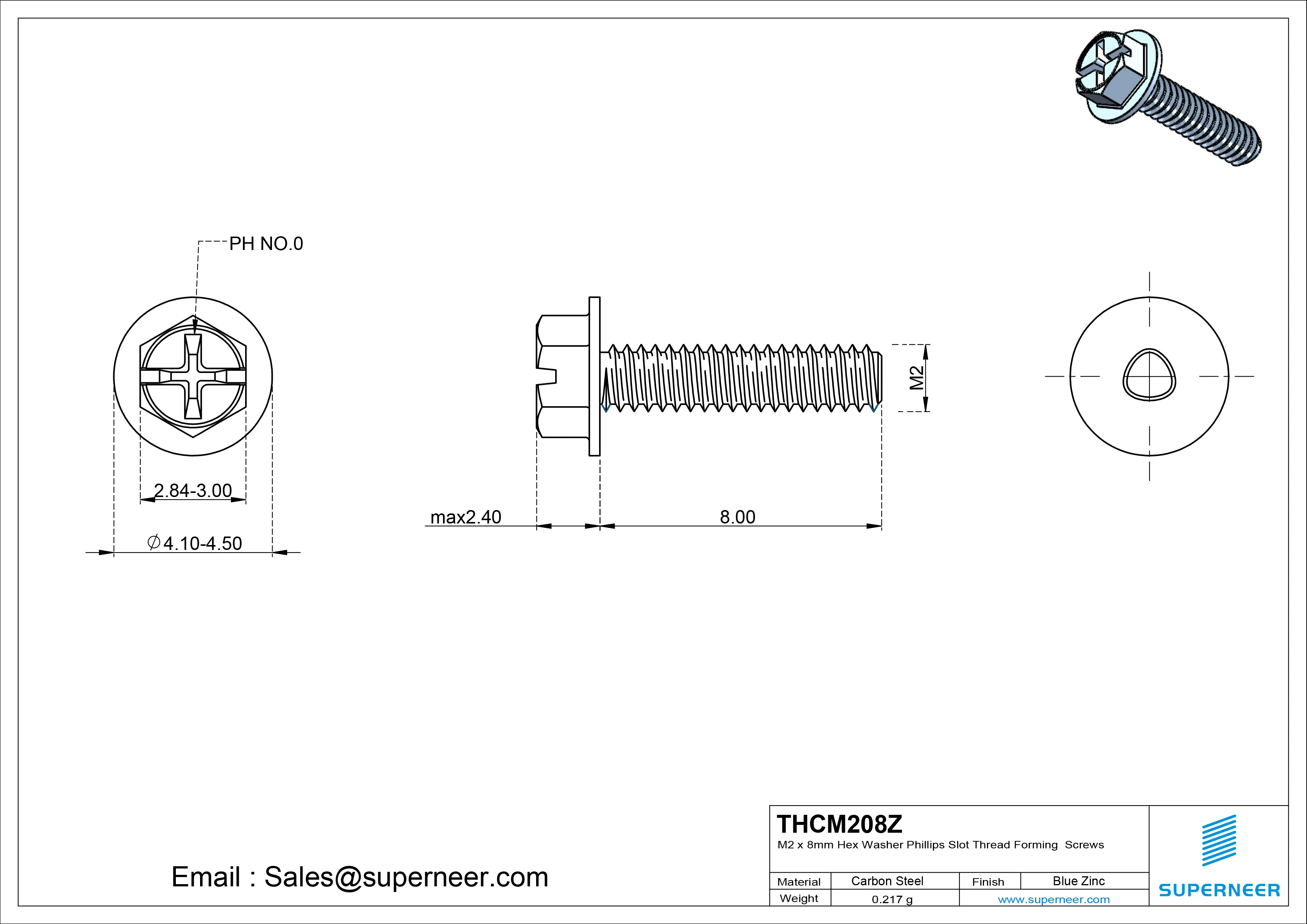 M2 &times; 8mm Indented Hex Washer Phillips Slot Thread Forming Screws for Metal Steel Blue Zinc Plated