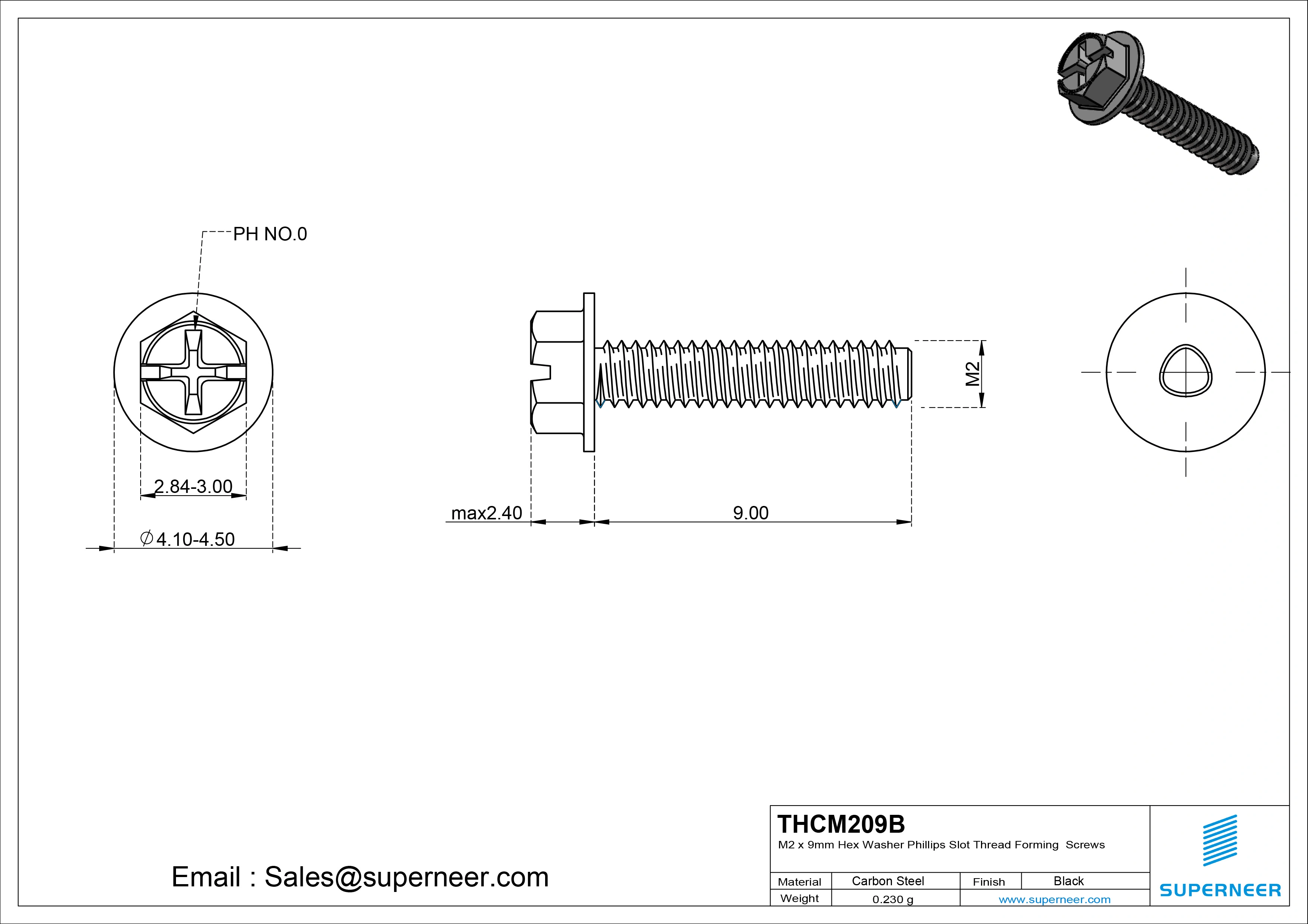 M2 &times; 9mm Indented Hex Washer Phillips Slot Thread Forming Screws for Metal Steel Black