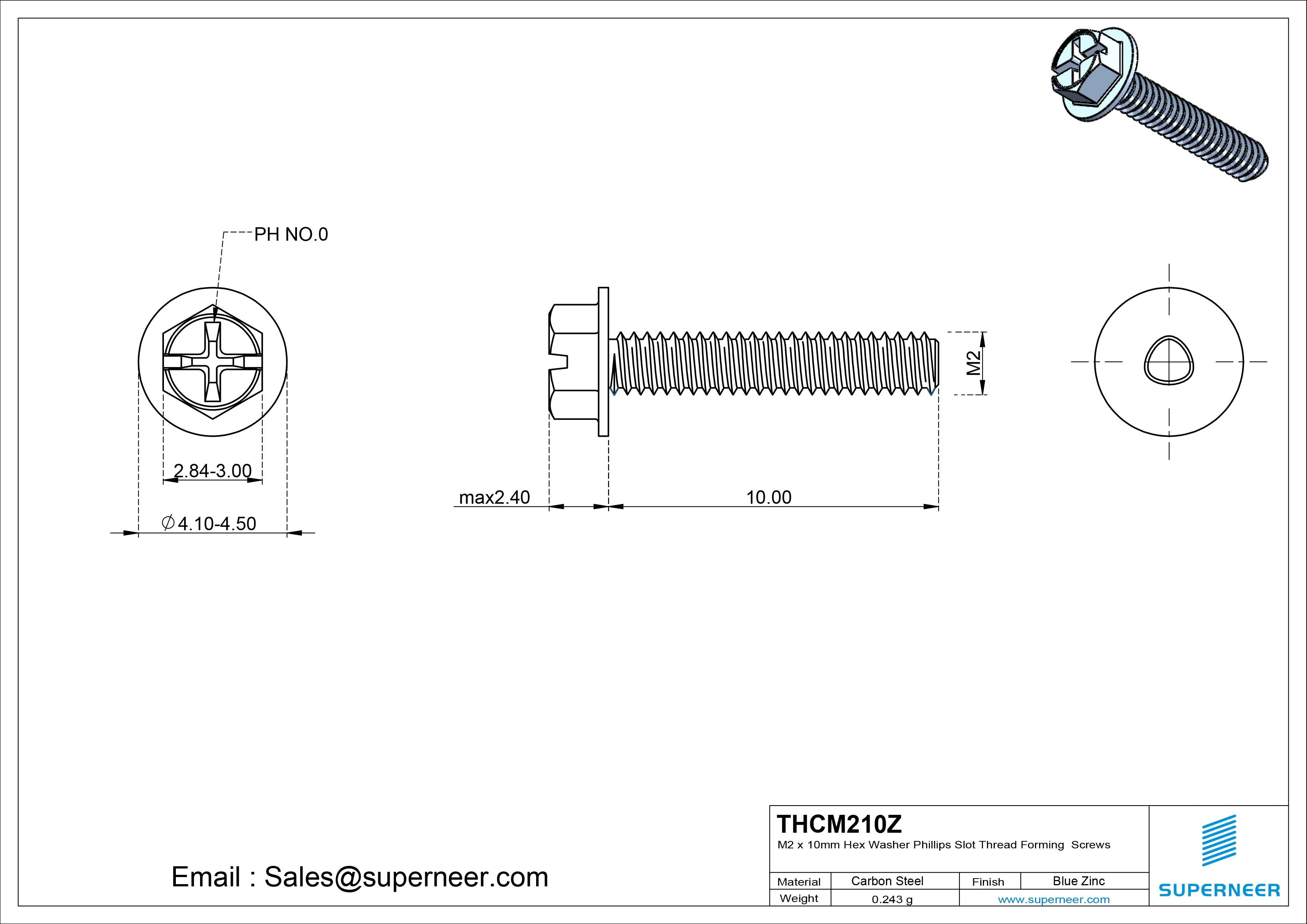 M2 &times; 10mm Indented Hex Washer Phillips Slot Thread Forming Screws for Metal Steel Blue Zinc Plated