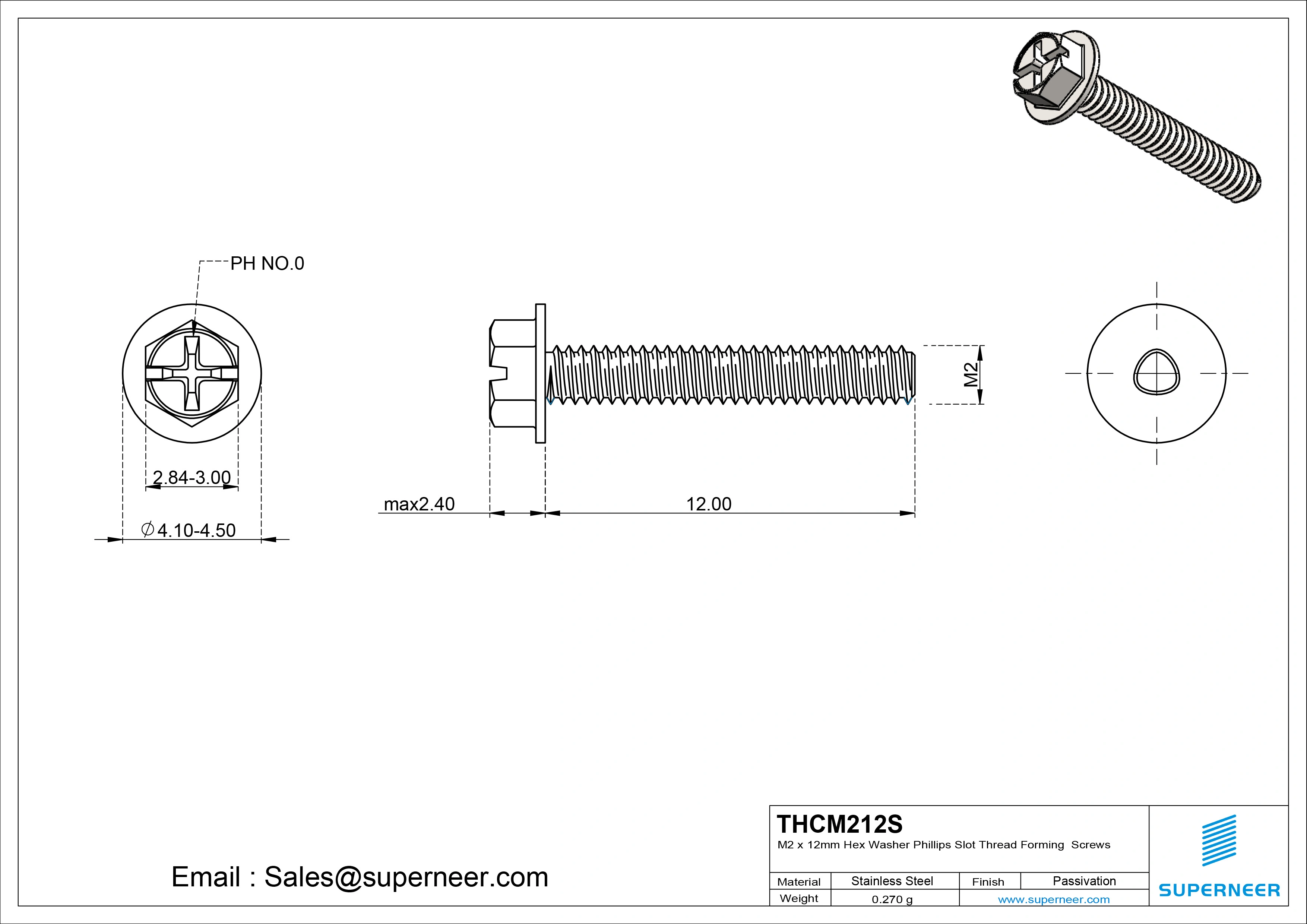 M2 &times; 12mm Indented Hex Washer Phillips Slot Thread Forming Screws for Metal SUS304 Stainless Steel Inox