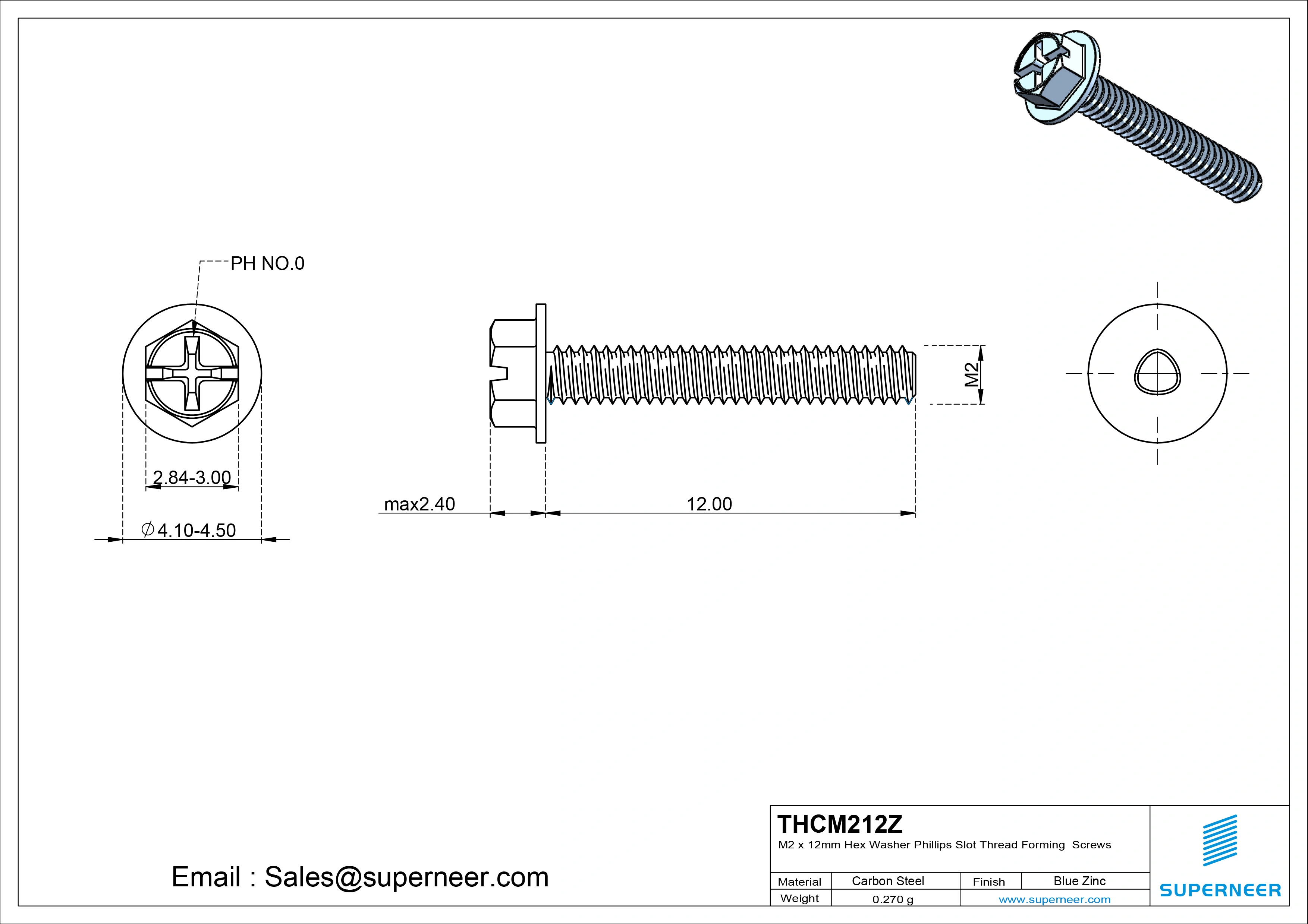M2 &times; 12mm Indented Hex Washer Phillips Slot Thread Forming Screws for Metal Steel Blue Zinc Plated
