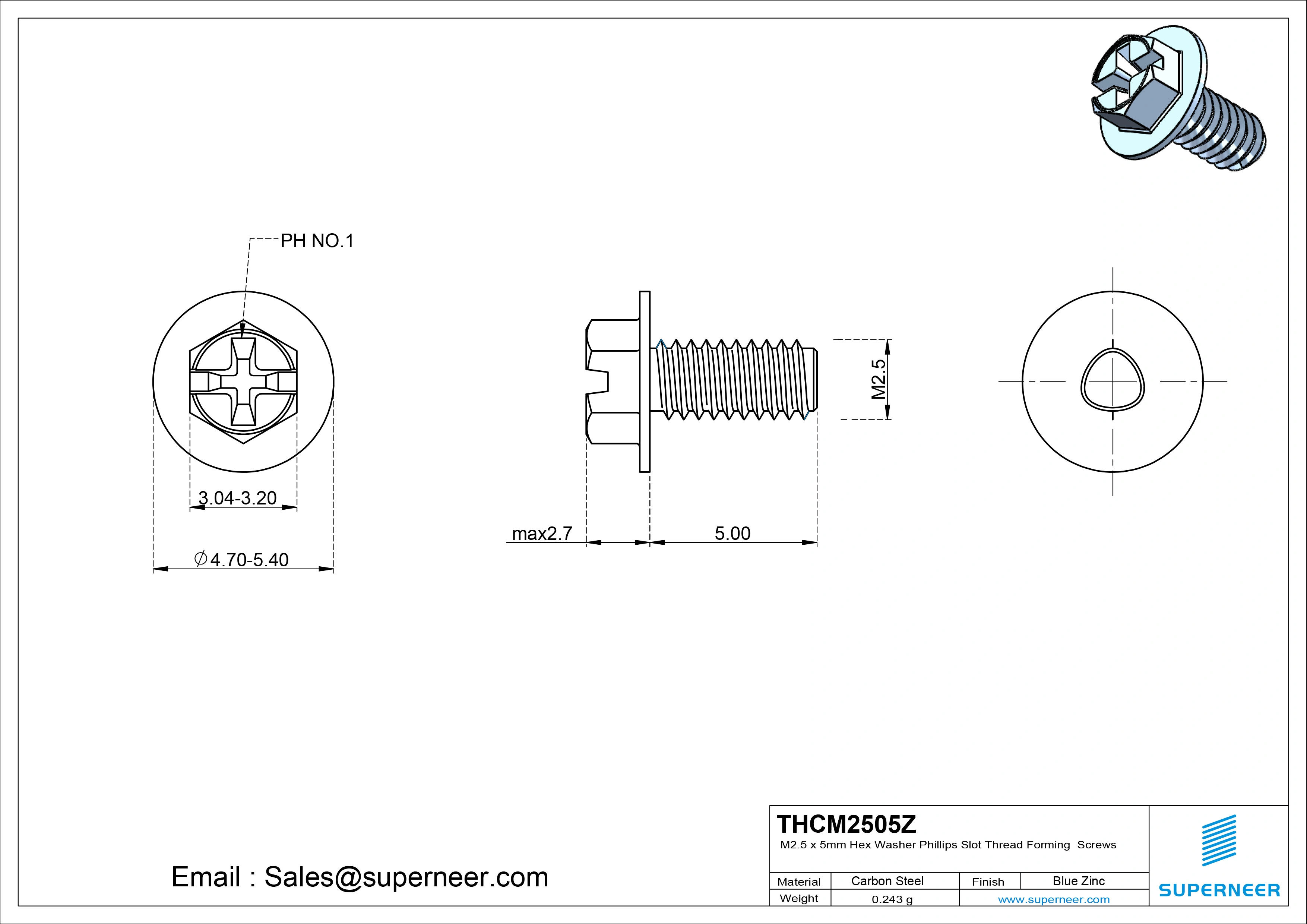 M2.5 &times; 5mm Indented Hex Washer Phillips Slot Thread Forming Screws for Metal Steel Blue Zinc Plated