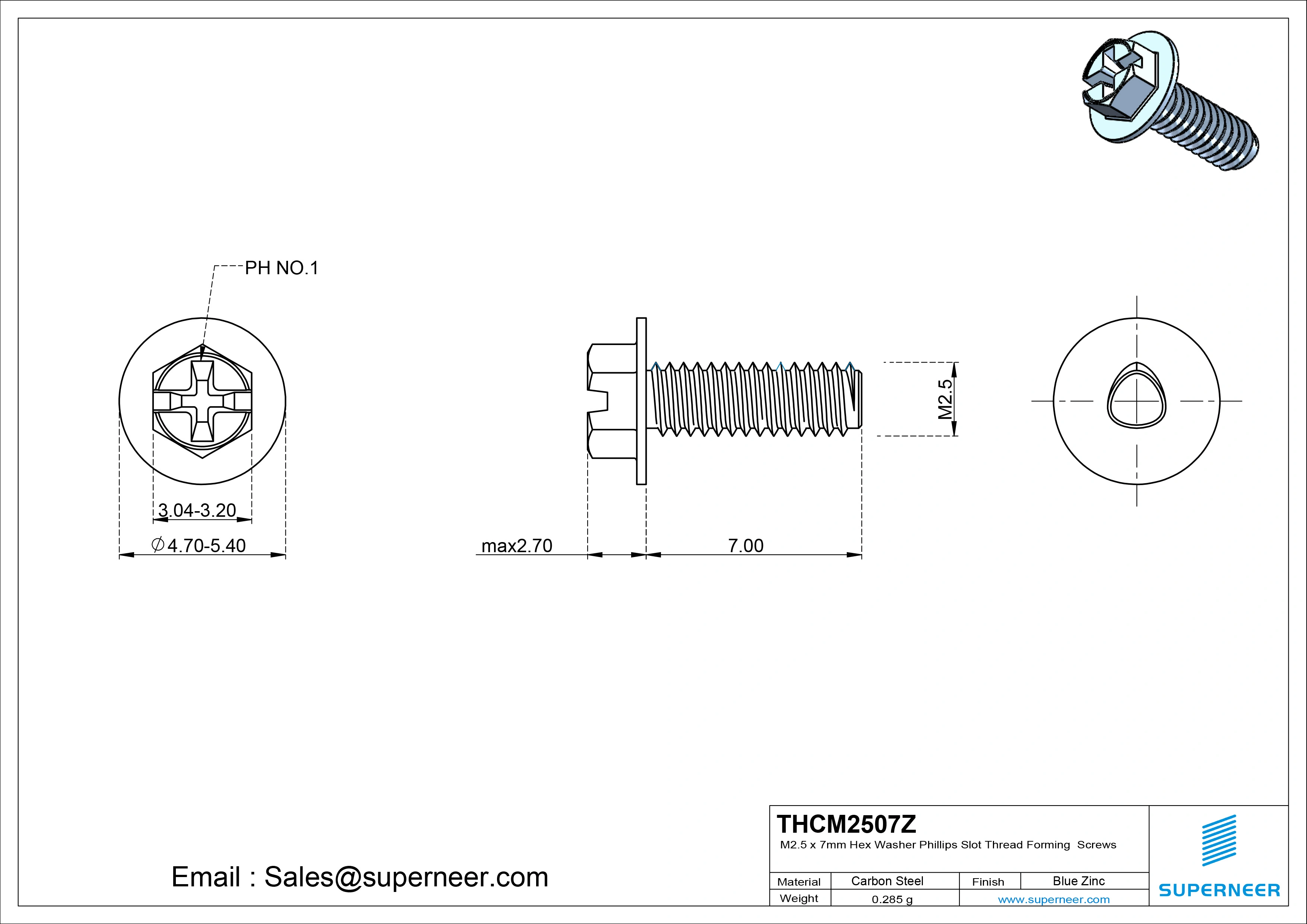M2.5 &times; 7mm Indented Hex Washer Phillips Slot Thread Forming Screws for Metal Steel Blue Zinc Plated