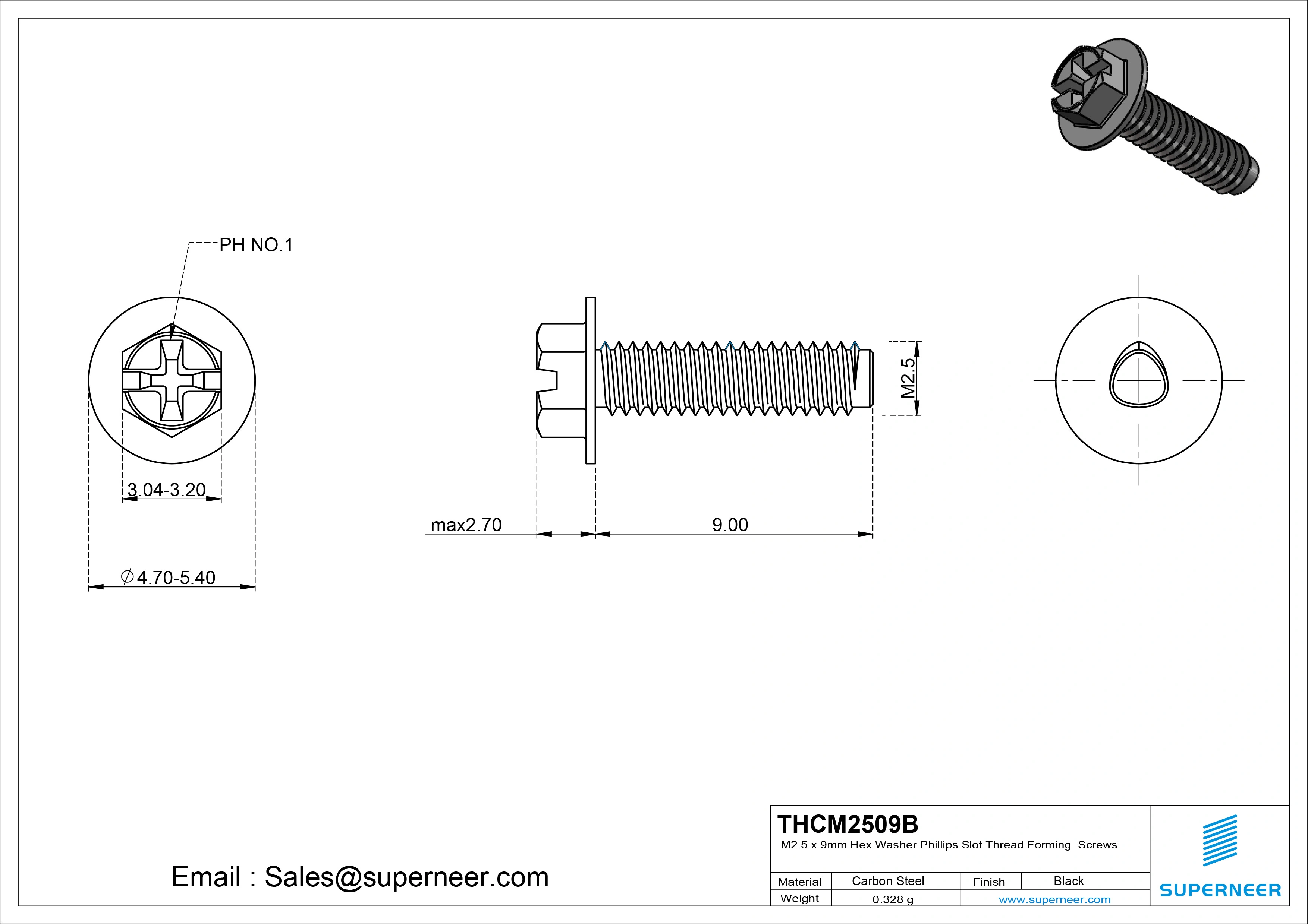 M2.5 &times; 9mm Indented Hex Washer Phillips Slot Thread Forming Screws for Metal Steel Black
