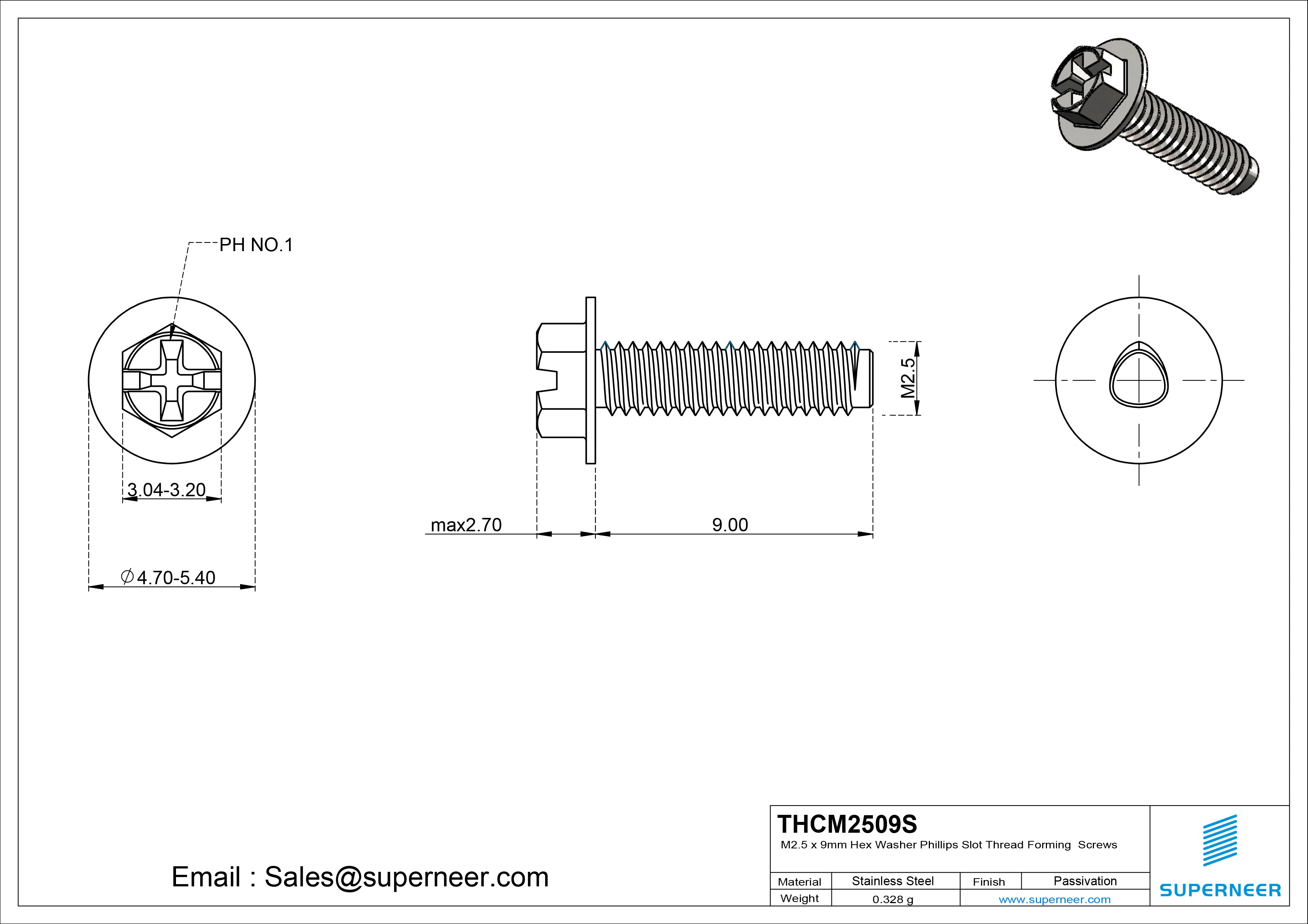 M2.5 &times; 9mm Indented Hex Washer Phillips Slot Thread Forming Screws for Metal SUS304 Stainless Steel Inox