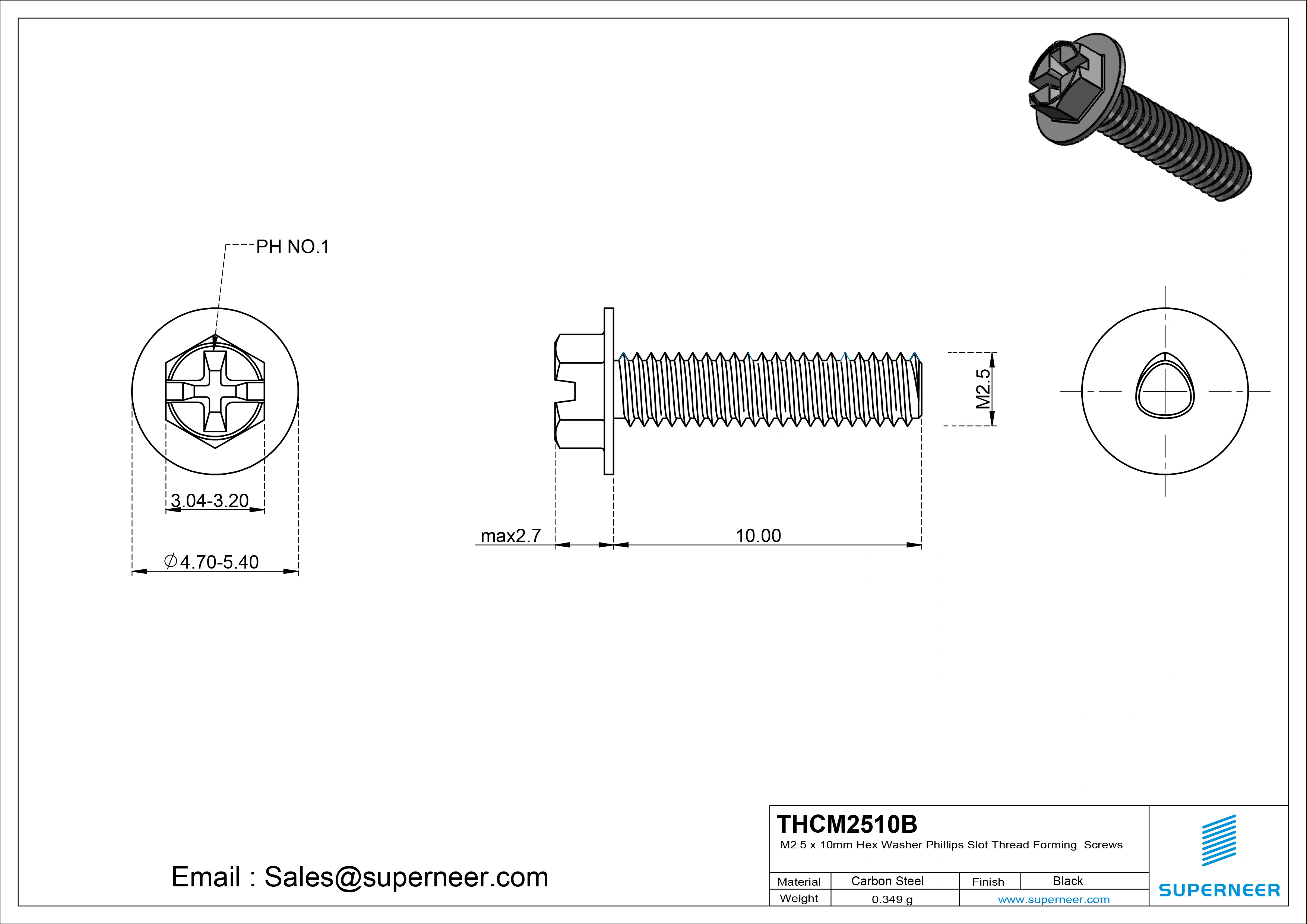 M2.5 &times; 10mm Indented Hex Washer Phillips Slot Thread Forming Screws for Metal Steel Black