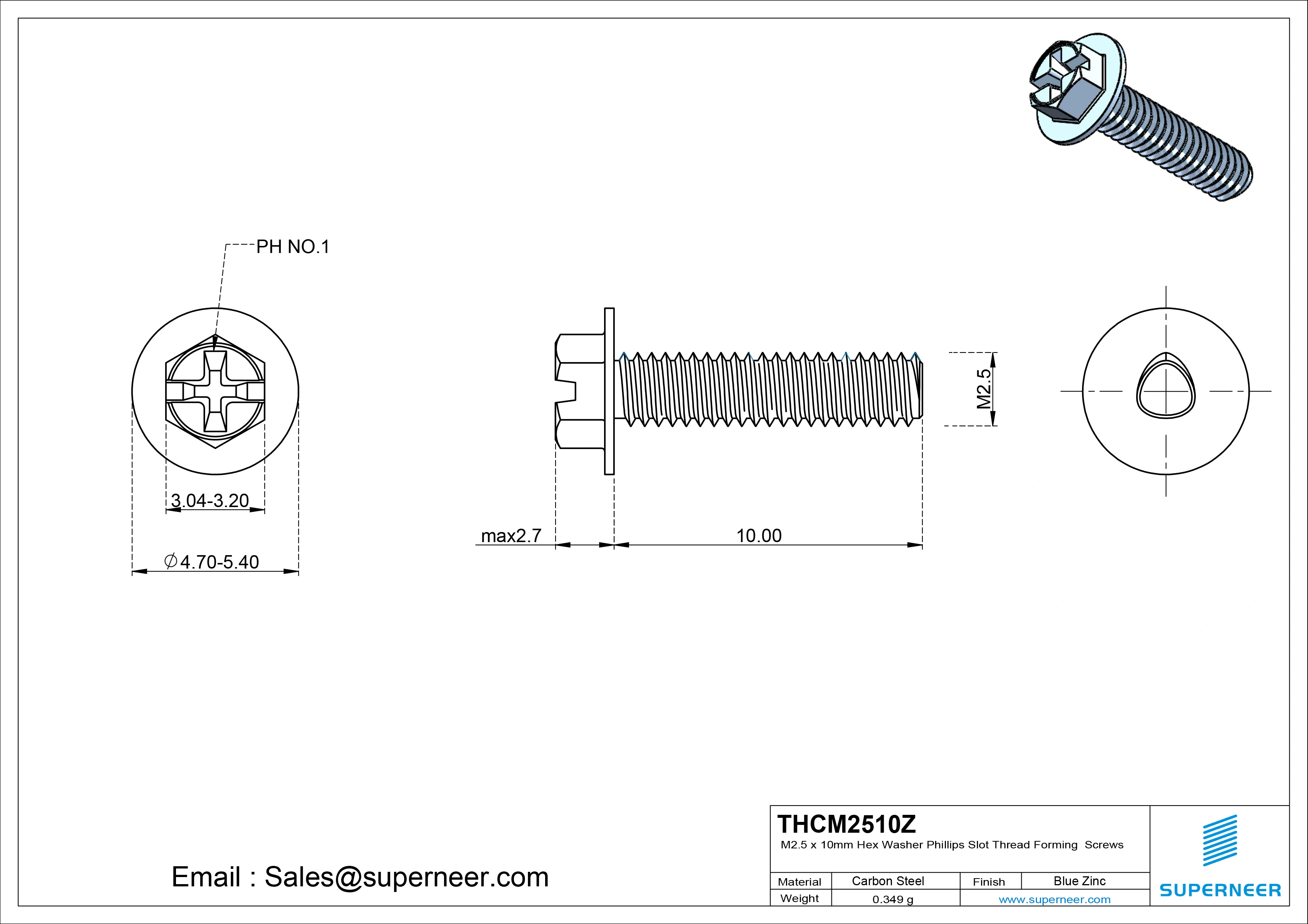 M2.5 &times; 10mm Indented Hex Washer Phillips Slot Thread Forming Screws for Metal Steel Blue Zinc Plated
