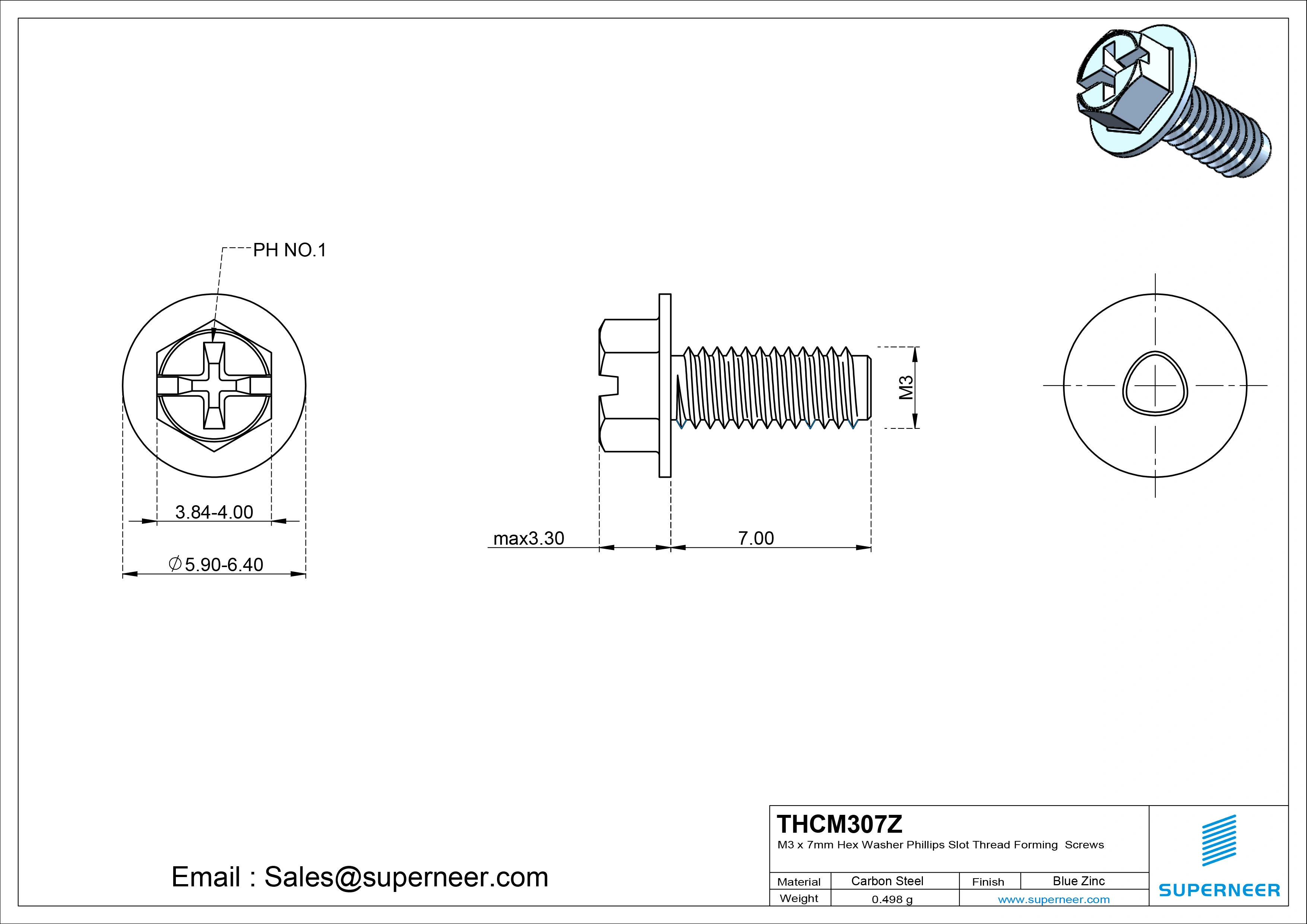 M3 &times; 7mm Indented Hex Washer Phillips Slot Thread Forming Screws for Metal Steel Blue Zinc Plated