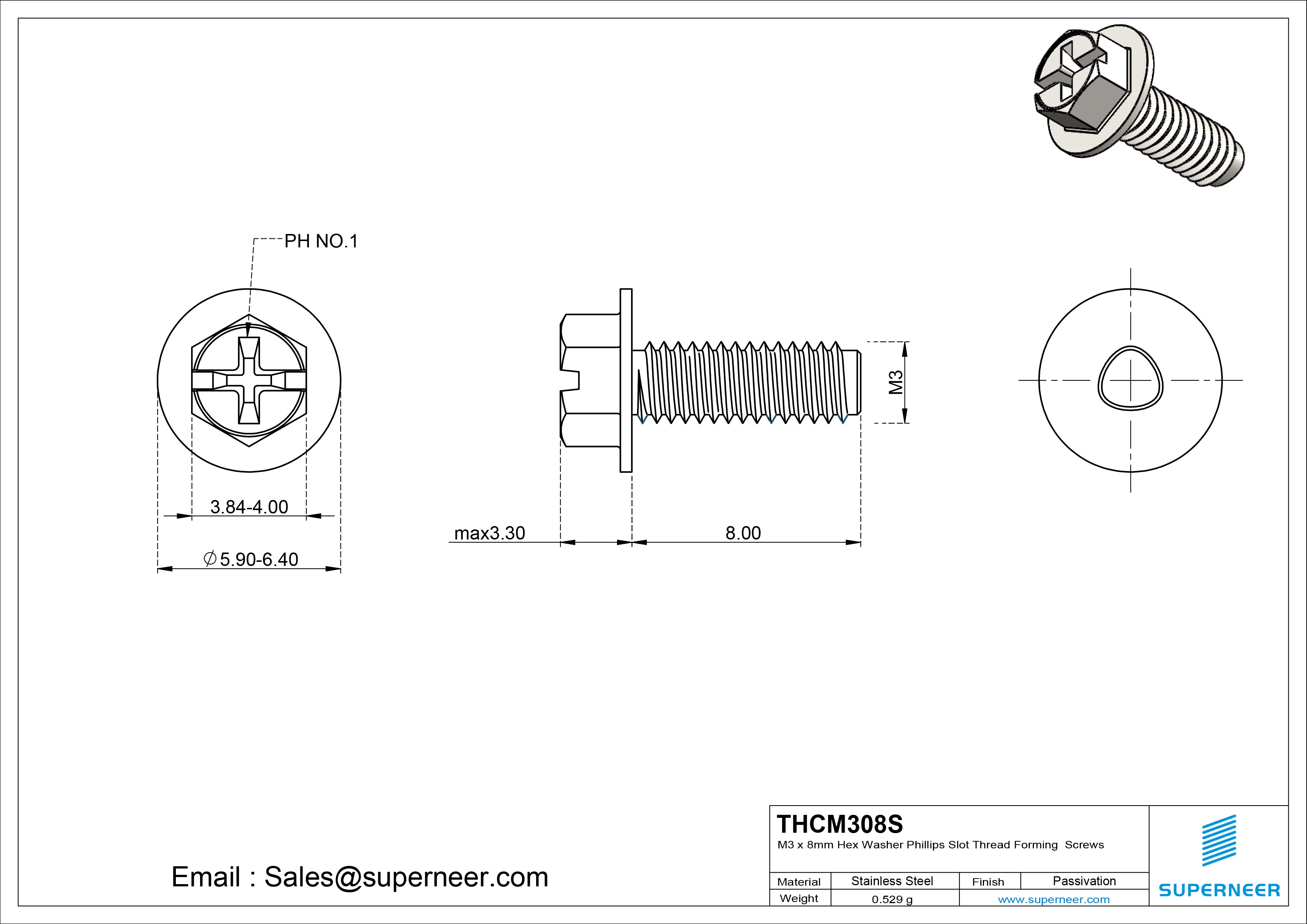 M3 &times; 8mm Indented Hex Washer Phillips Slot Thread Forming Screws for Metal SUS304 Stainless Steel Inox