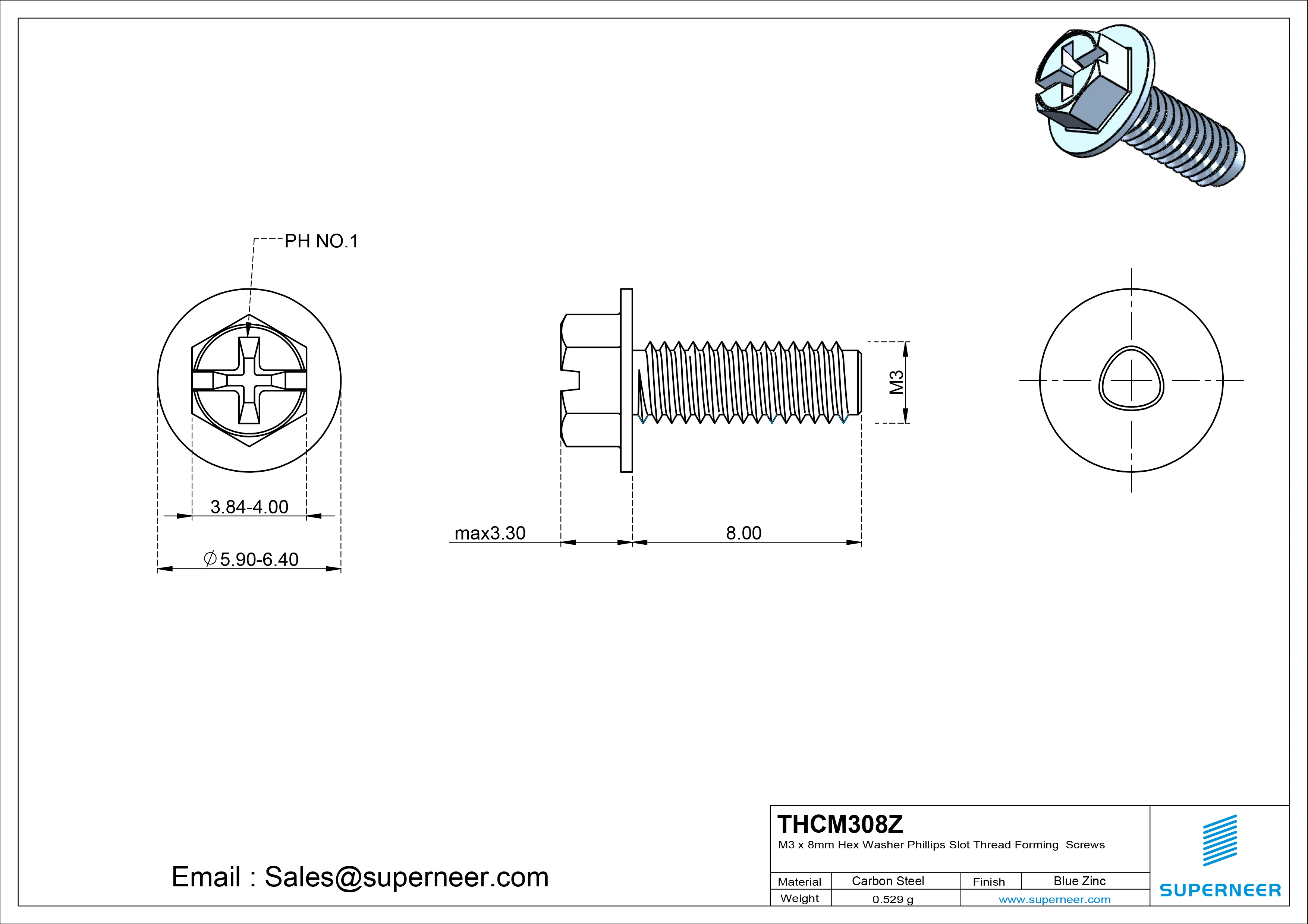 M3 &times; 8mm Indented Hex Washer Phillips Slot Thread Forming Screws for Metal Steel Blue Zinc Plated