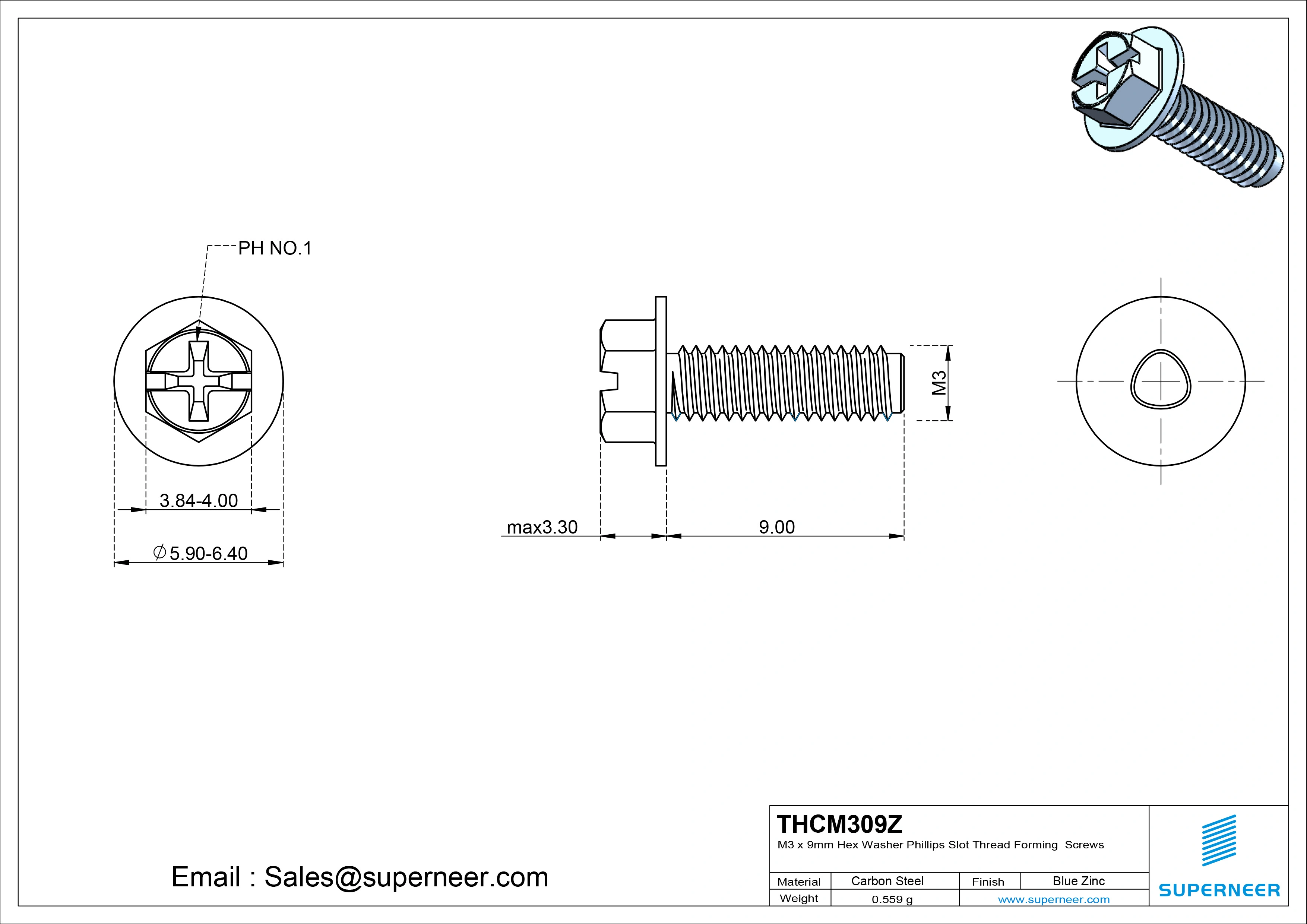 M3 &times; 9mm Indented Hex Washer Phillips Slot Thread Forming Screws for Metal Steel Blue Zinc Plated