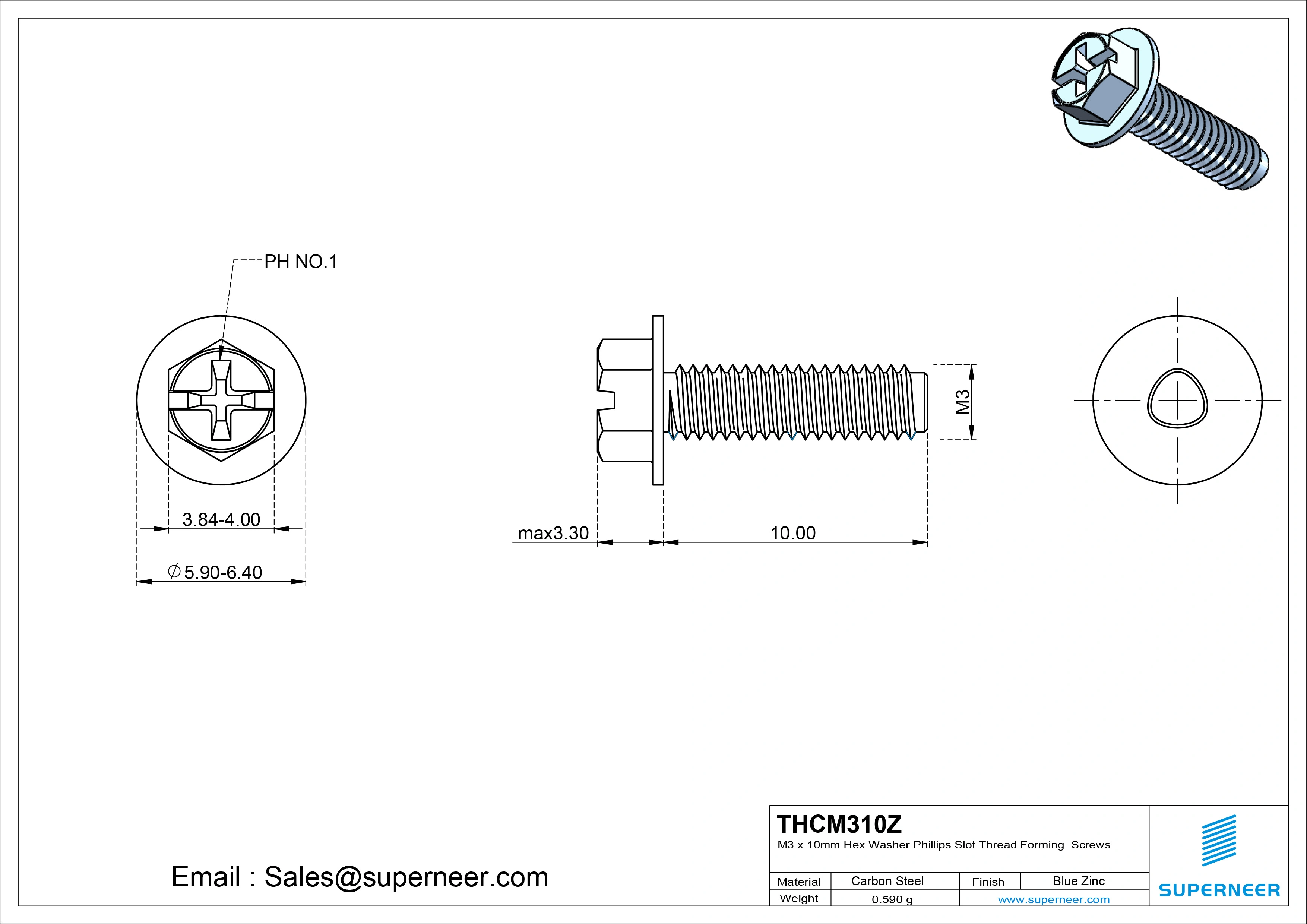 M3 &times; 10mm Indented Hex Washer Phillips Slot Thread Forming Screws for Metal Steel Blue Zinc Plated