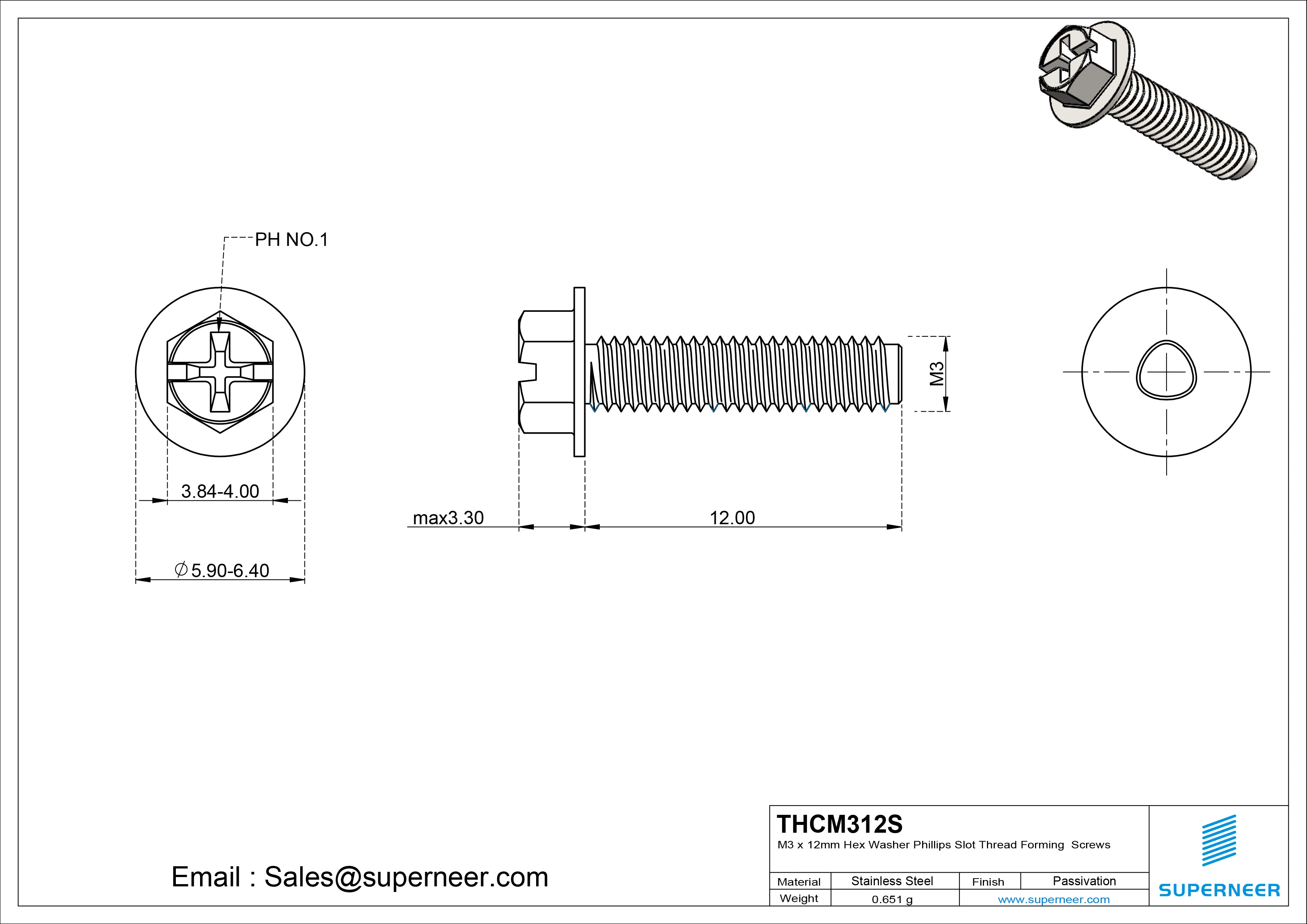 M3 &times; 12mm Indented Hex Washer Phillips Slot Thread Forming Screws for Metal SUS304 Stainless Steel Inox