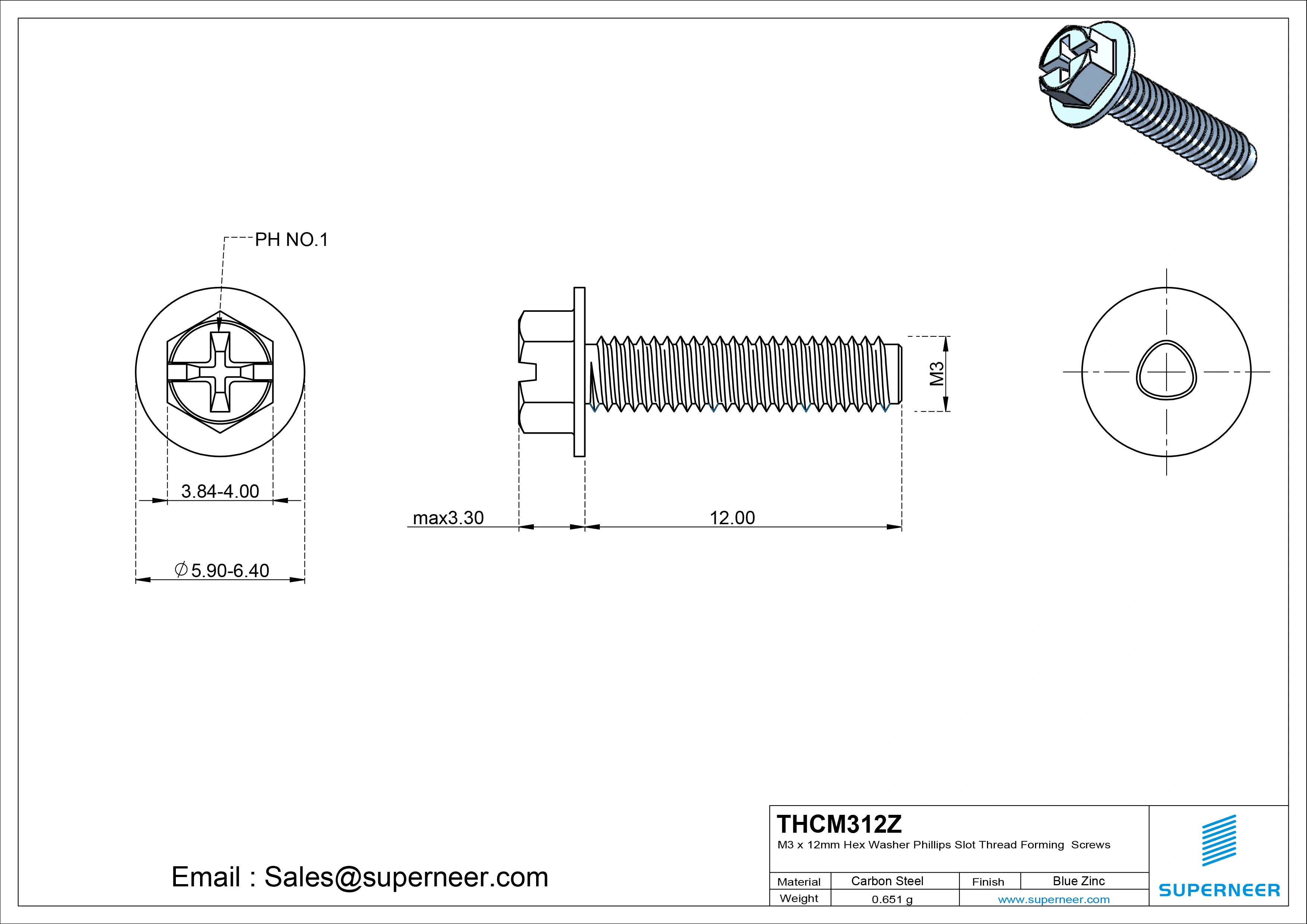 M3 &times; 12mm Indented Hex Washer Phillips Slot Thread Forming Screws for Metal Steel Blue Zinc Plated