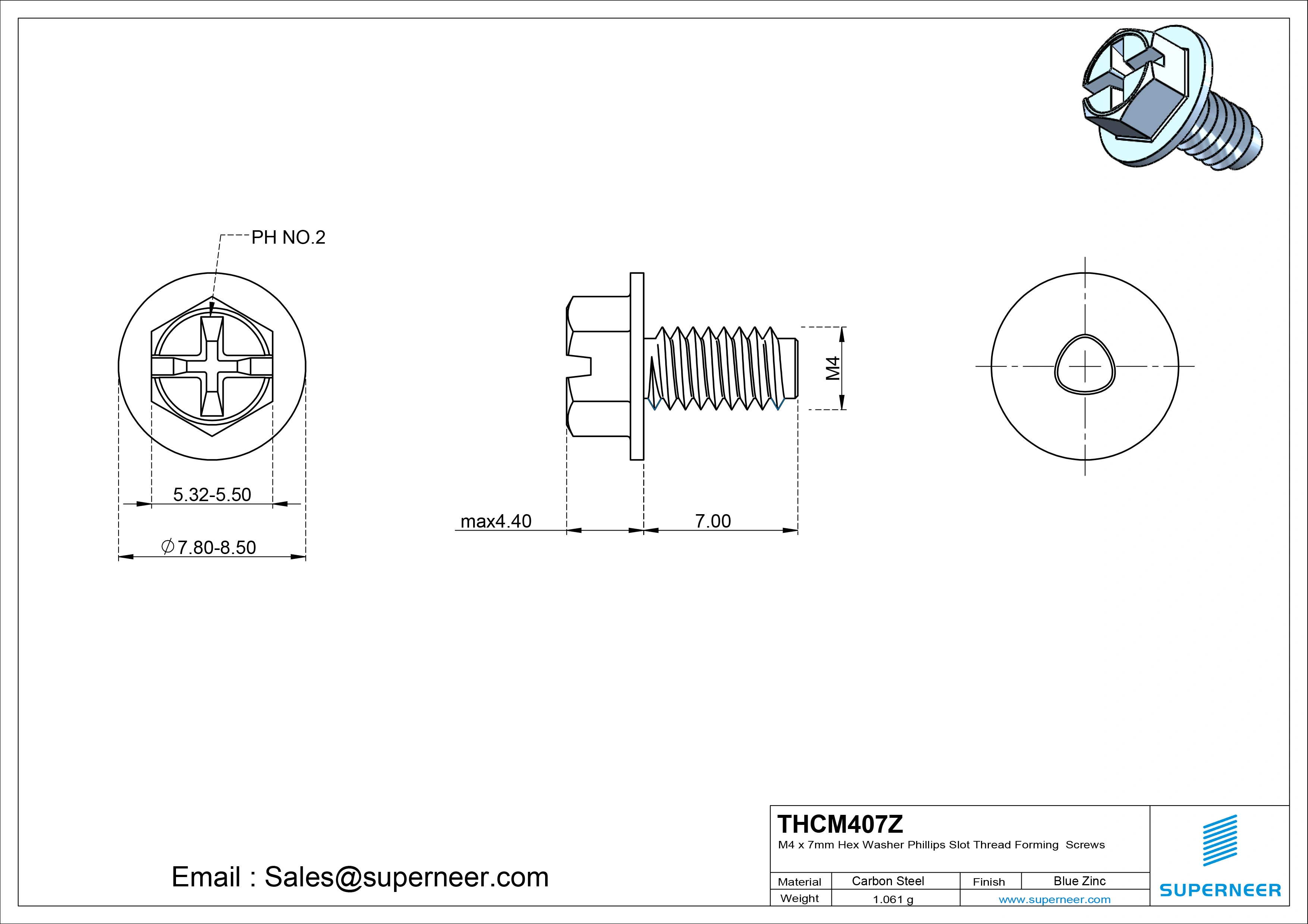 M4 &times; 7mm Indented Hex Washer Phillips Slot Thread Forming Screws for Metal Steel Blue Zinc Plated