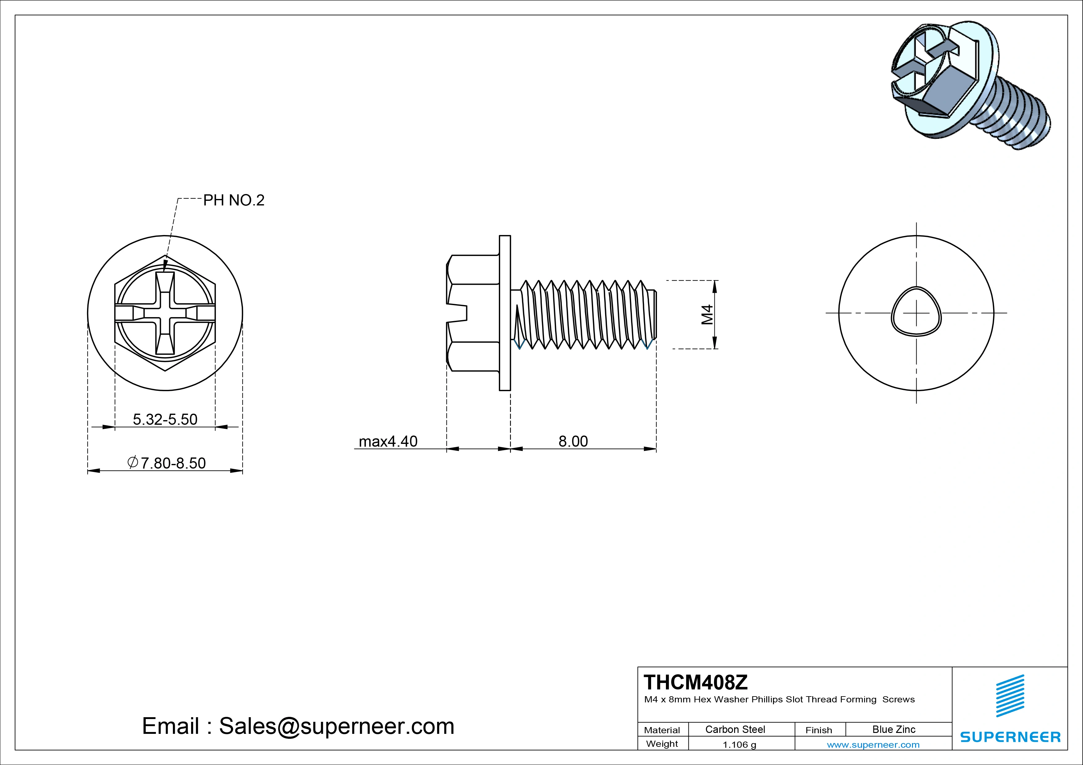 M4 &times; 8mm Indented Hex Washer Phillips Slot Thread Forming Screws for Metal Steel Blue Zinc Plated