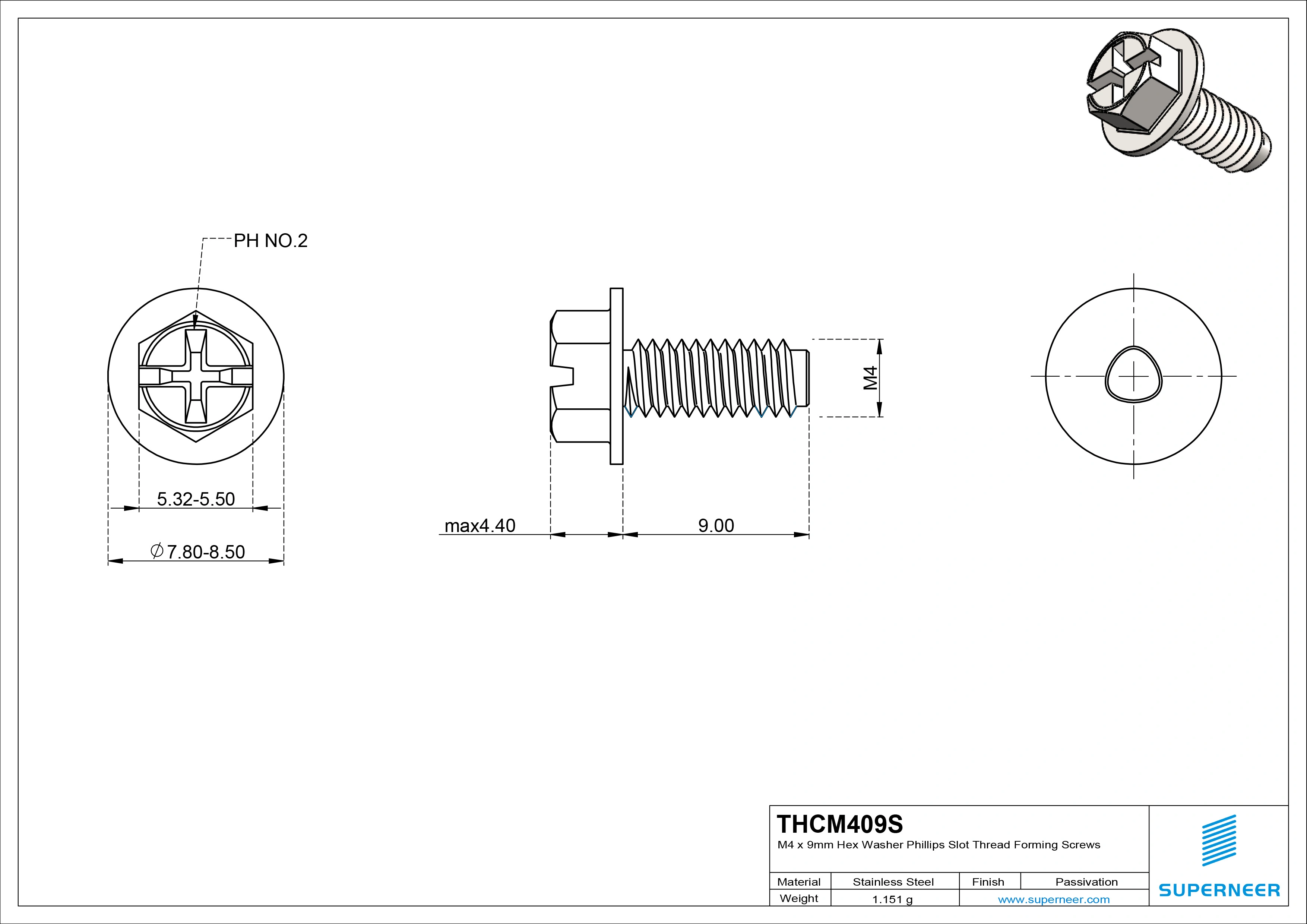 M4 &times; 9mm Indented Hex Washer Phillips Slot Thread Forming Screws for Metal SUS304 Stainless Steel Inox