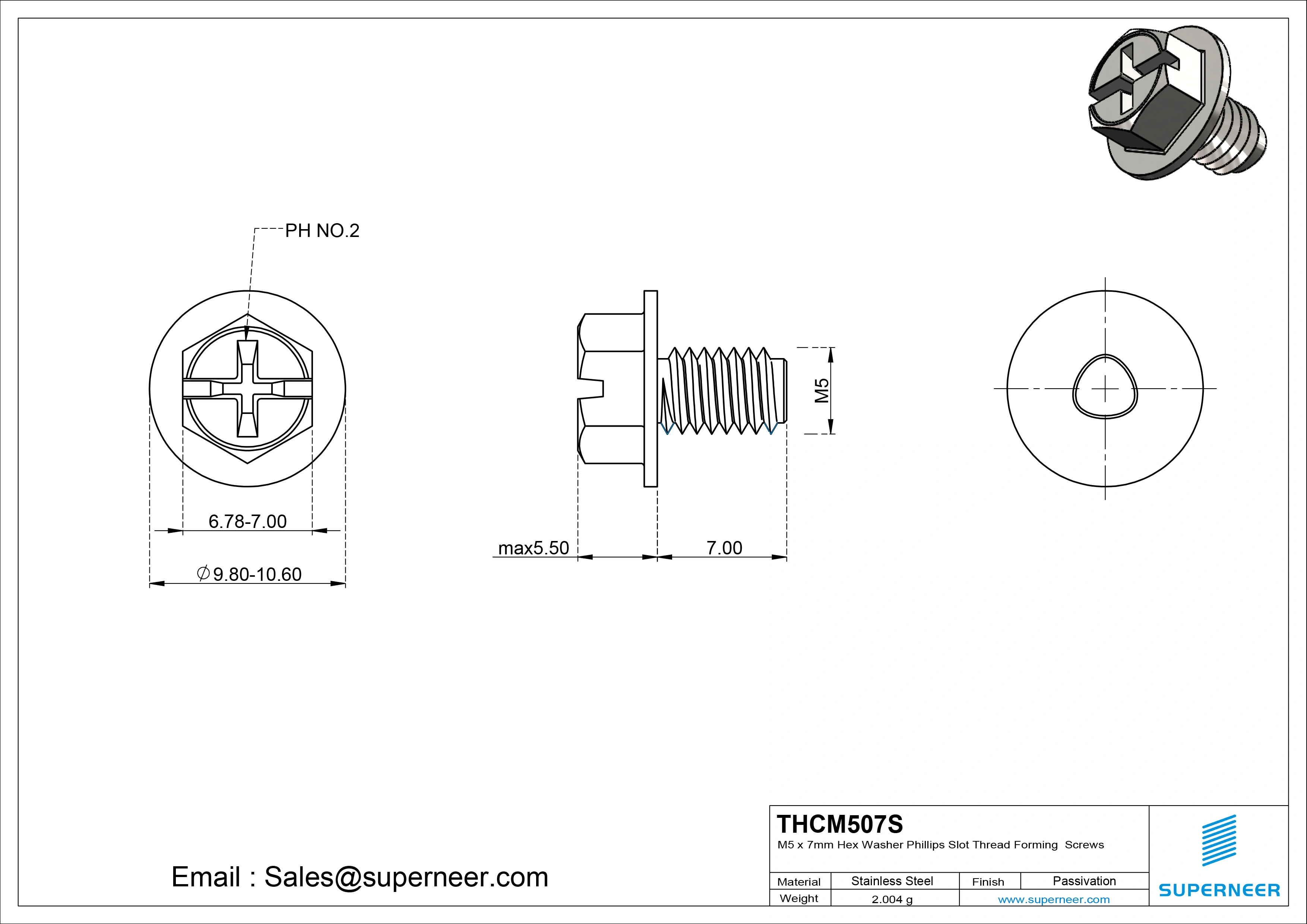 M5 &times; 7mm Indented Hex Washer Phillips Slot Thread Forming Screws for Metal SUS304 Stainless Steel Inox