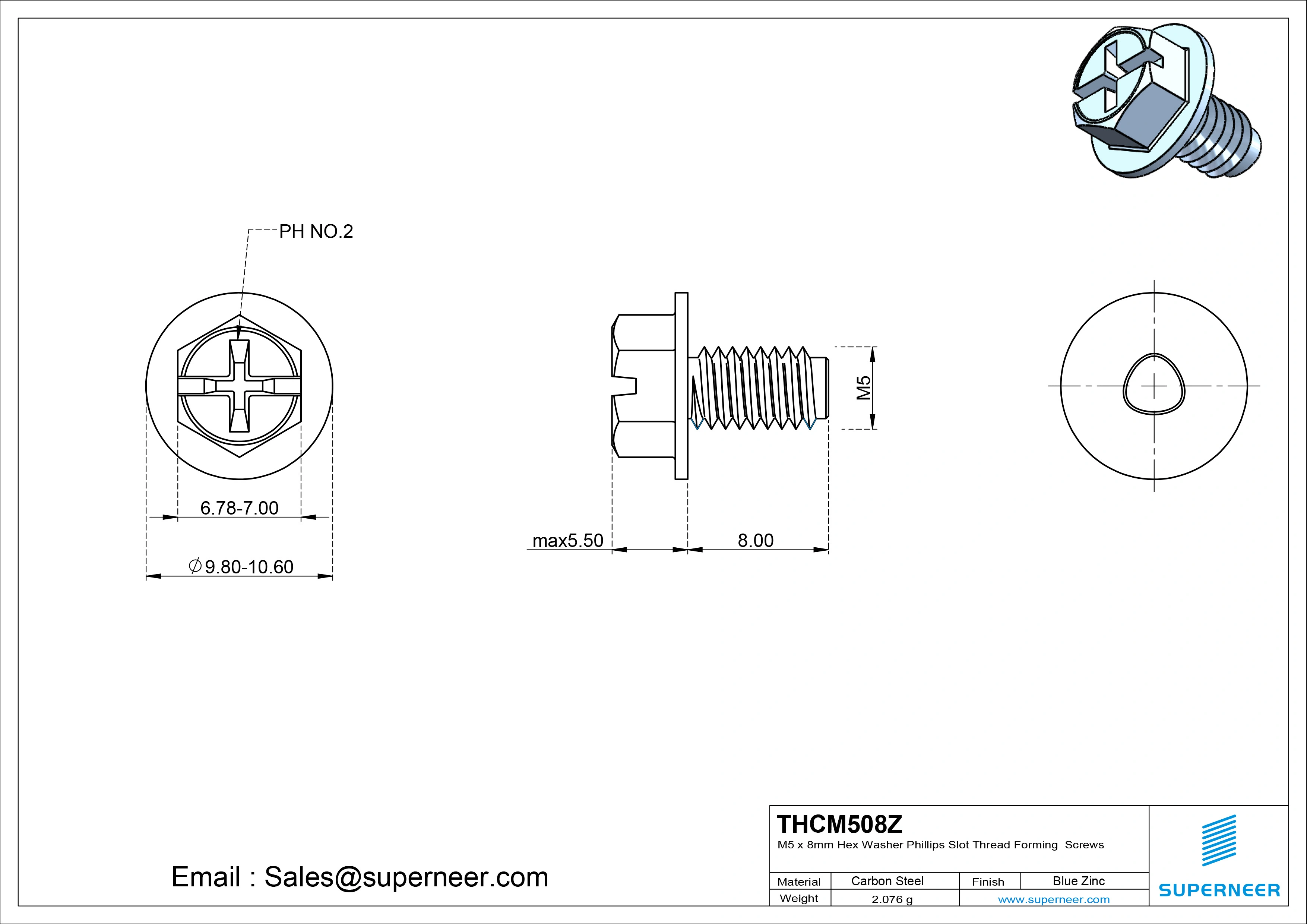M5 &times; 8mm Indented Hex Washer Phillips Slot Thread Forming Screws for Metal Steel Blue Zinc Plated