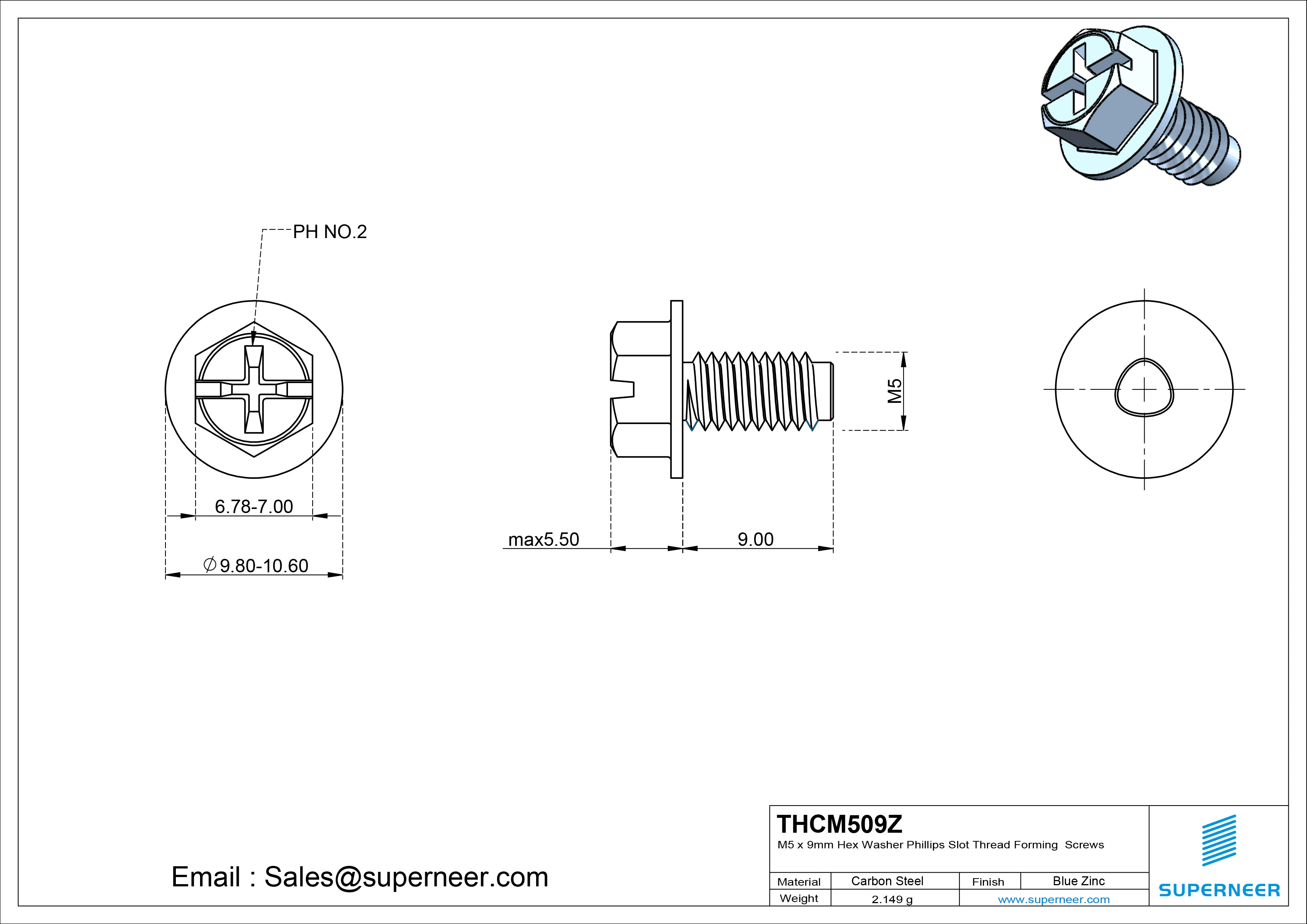M5 &times; 9mm Indented Hex Washer Phillips Slot Thread Forming Screws for Metal Steel Blue Zinc Plated