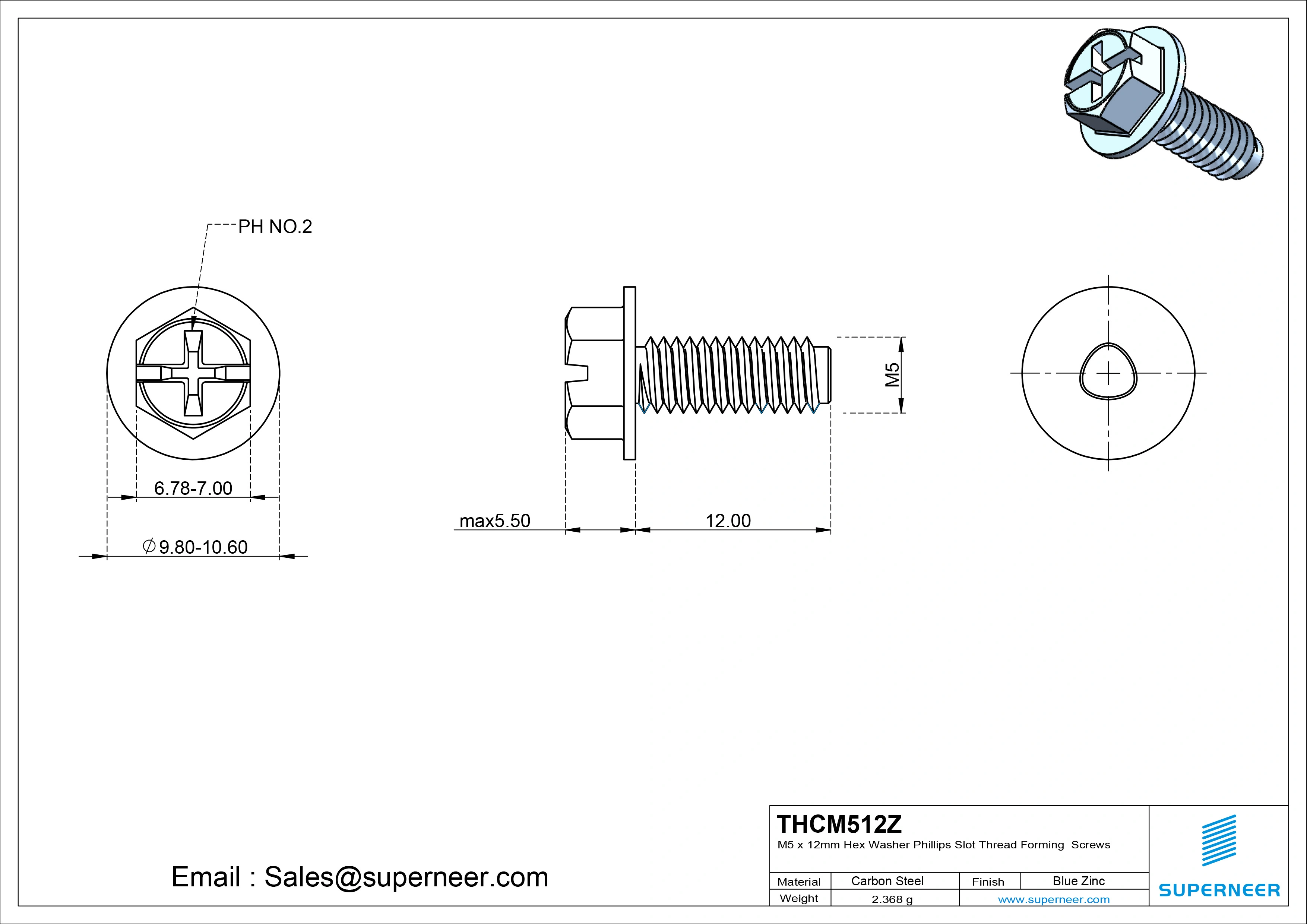M5 &times; 12mm Indented Hex Washer Phillips Slot Thread Forming Screws for Metal Steel Blue Zinc Plated