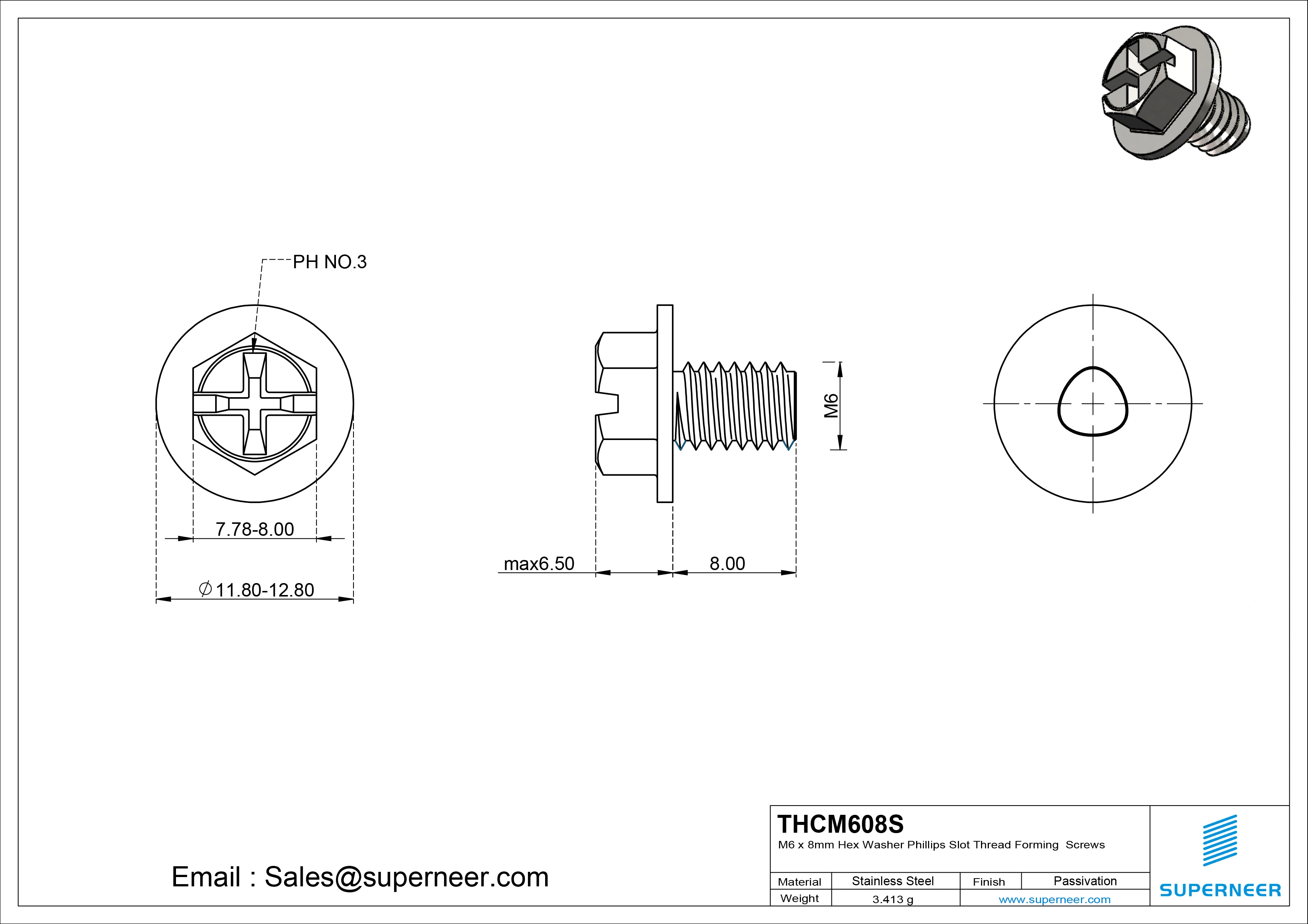 M6 &times; 8mm Indented Hex Washer Phillips Slot Thread Forming Screws for Metal SUS304 Stainless Steel Inox
