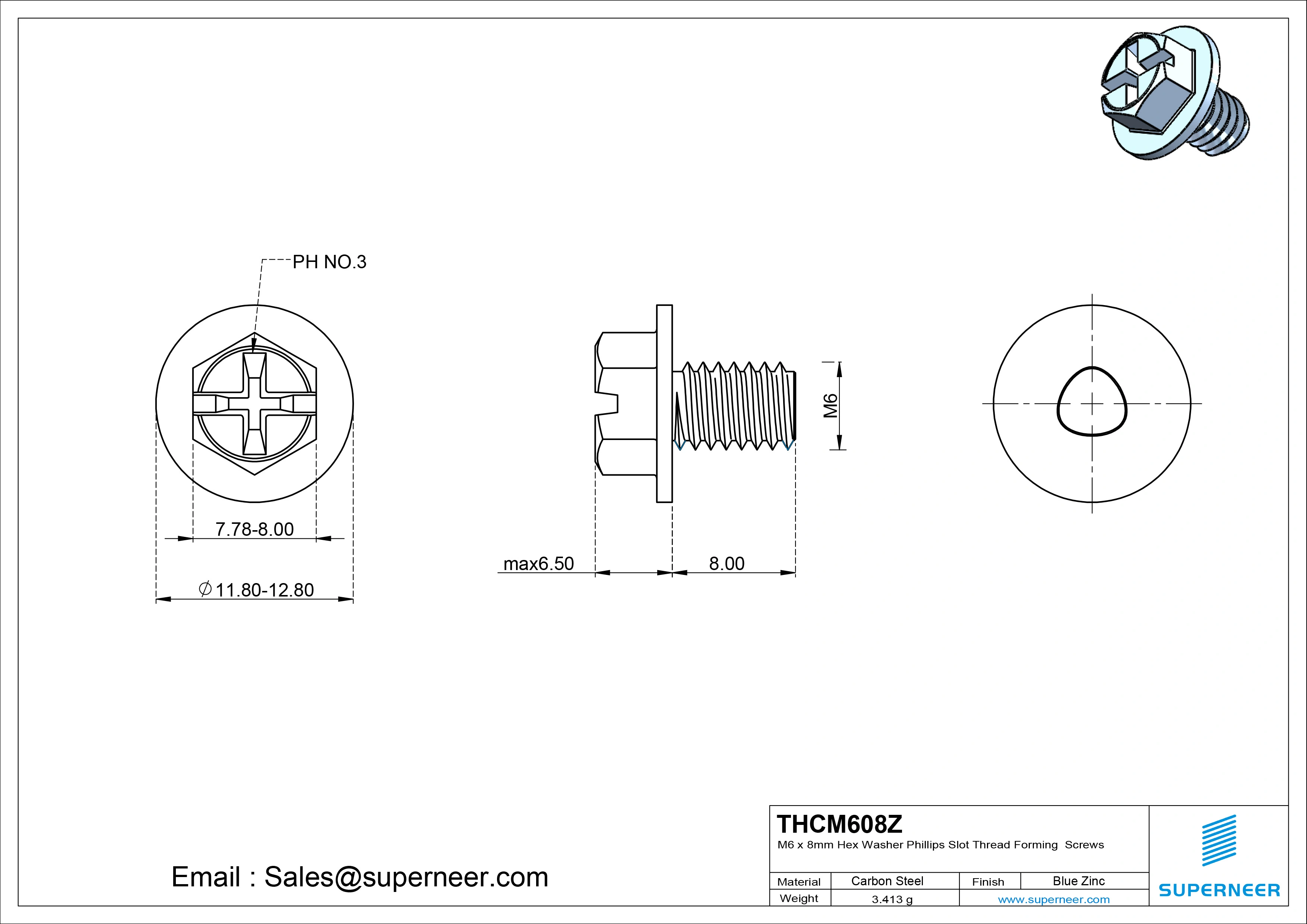 M6 &times; 8mm Indented Hex Washer Phillips Slot Thread Forming Screws for Metal Steel Blue Zinc Plated