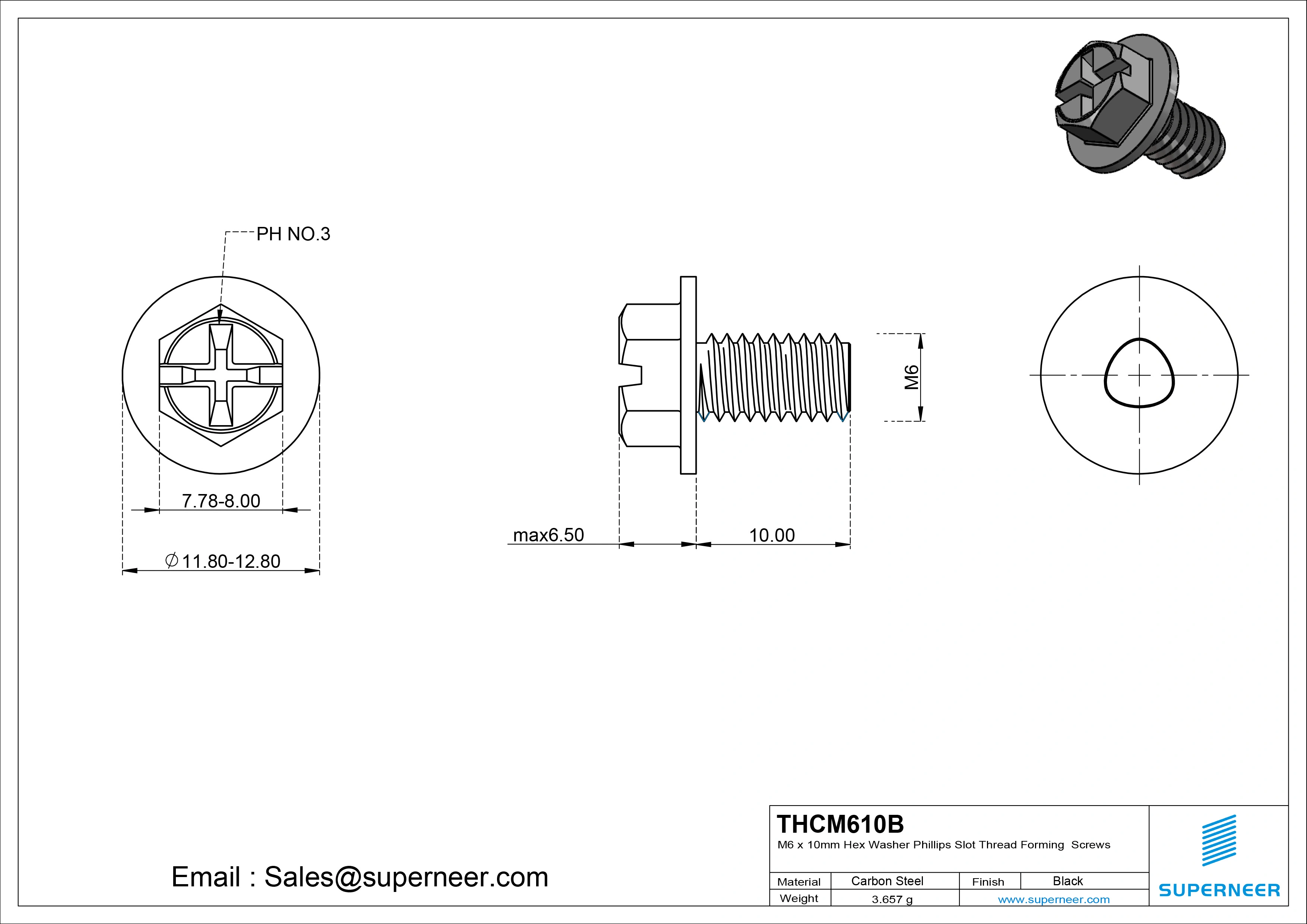 M6 &times; 10mm Indented Hex Washer Phillips Slot Thread Forming Screws for Metal Steel Black