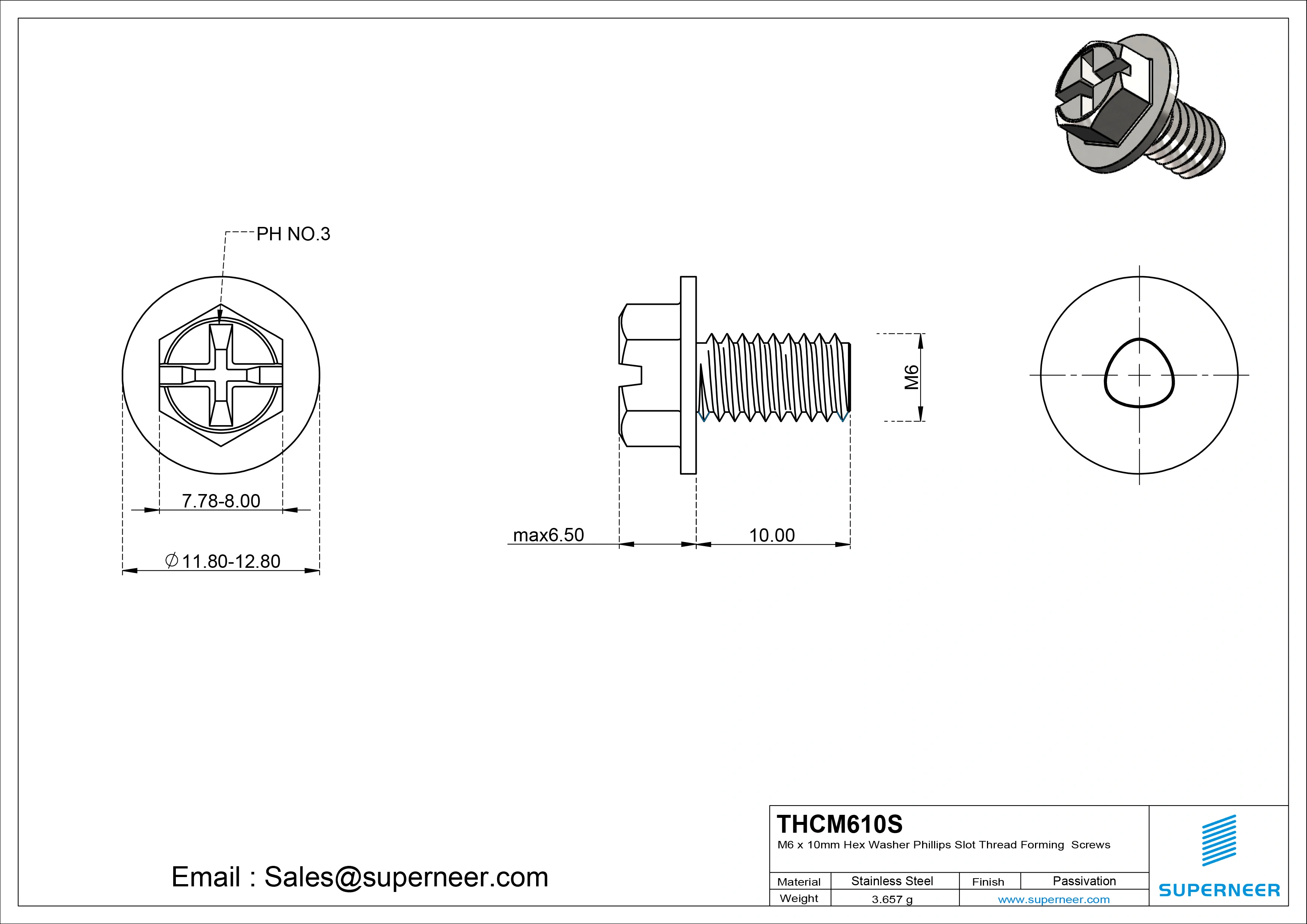 M6 &times; 10mm Indented Hex Washer Phillips Slot Thread Forming Screws for Metal SUS304 Stainless Steel Inox